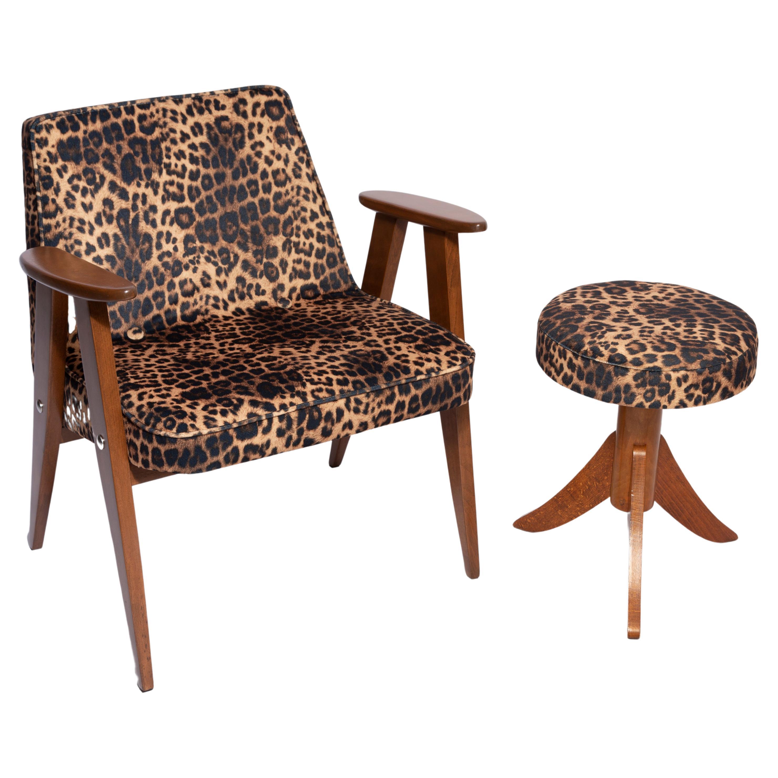 Mid-Century 366 Armchair and Stool in Leopard Velvet, by Chierowski, Europe 1960s For Sale