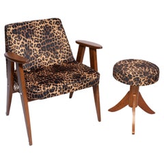 Vintage Mid-Century 366 Armchair and Stool in Leopard Velvet, by Chierowski, Europe 1960s