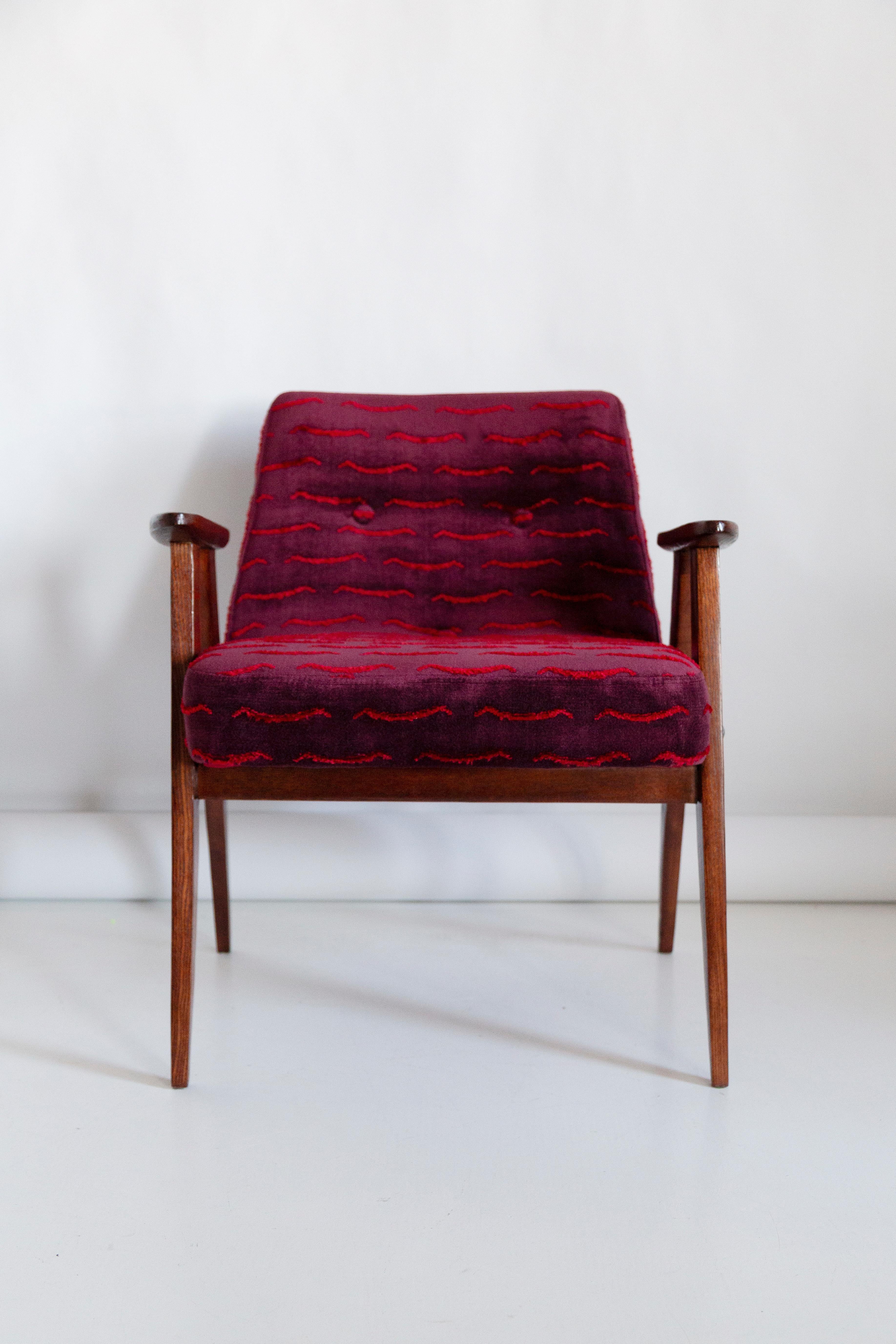 Polish Mid-Century 366 Armchair, Dark Red Velvet, by Jozef Chierowski, Europe, 1960s For Sale