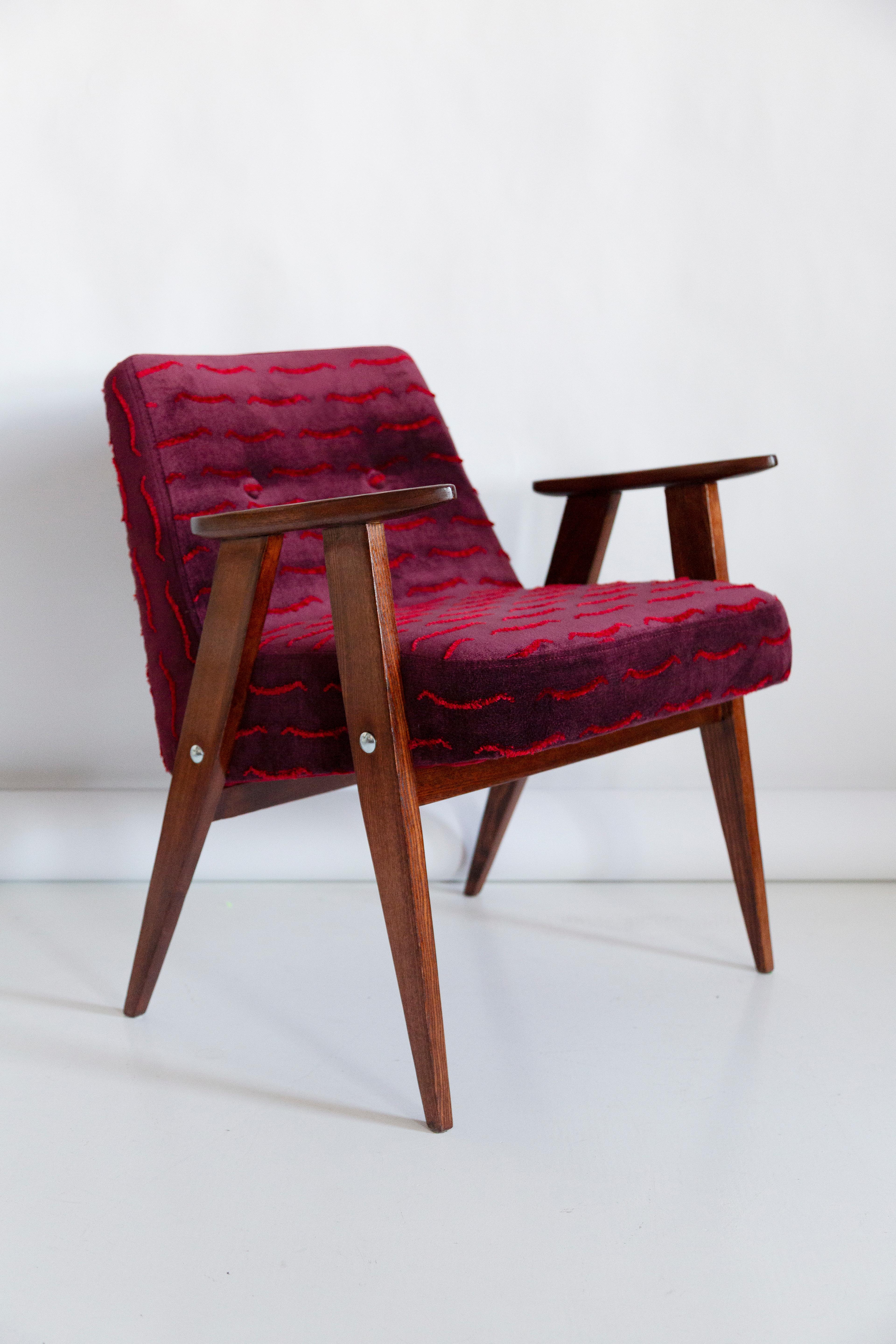 Hand-Crafted Mid-Century 366 Armchair, Dark Red Velvet, by Jozef Chierowski, Europe, 1960s For Sale