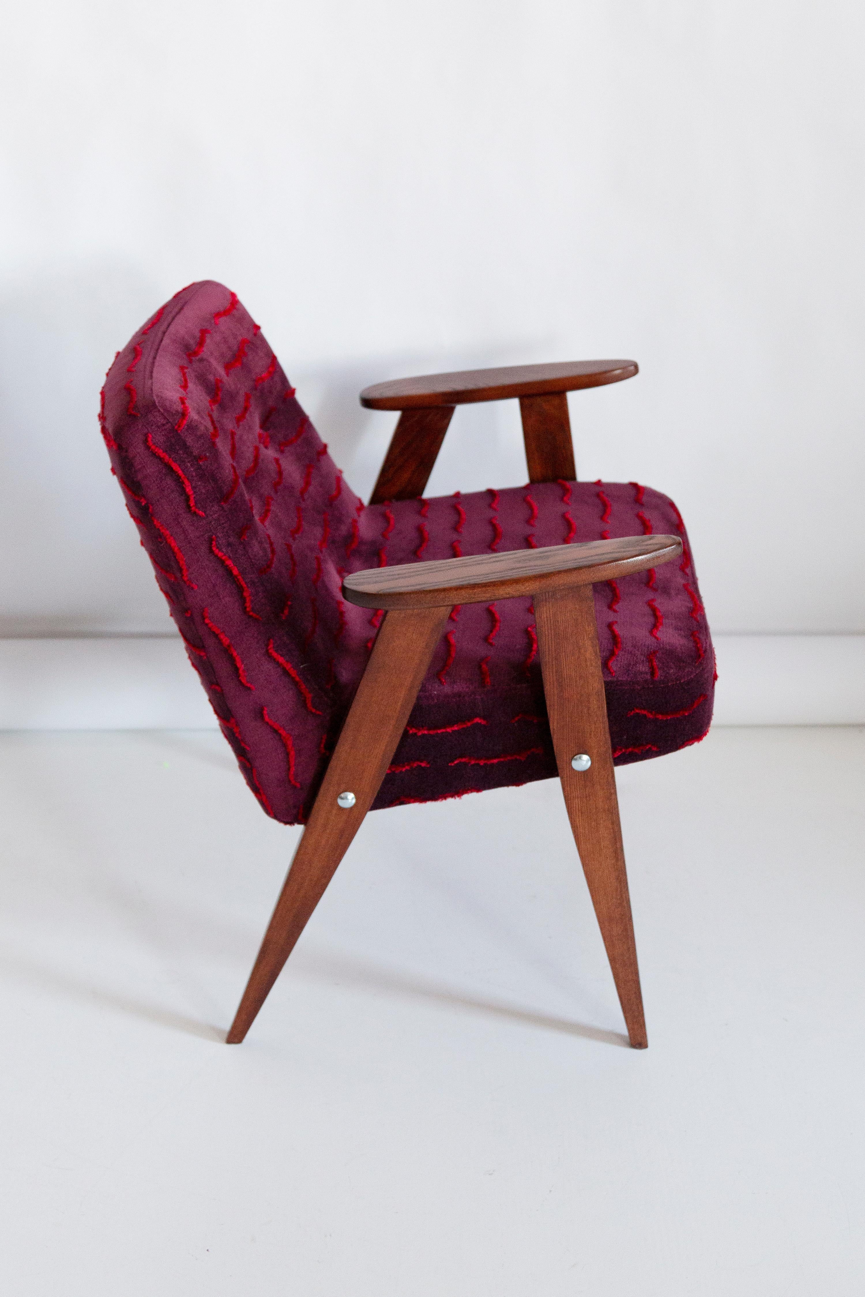 Textile Mid-Century 366 Armchair, Dark Red Velvet, by Jozef Chierowski, Europe, 1960s For Sale