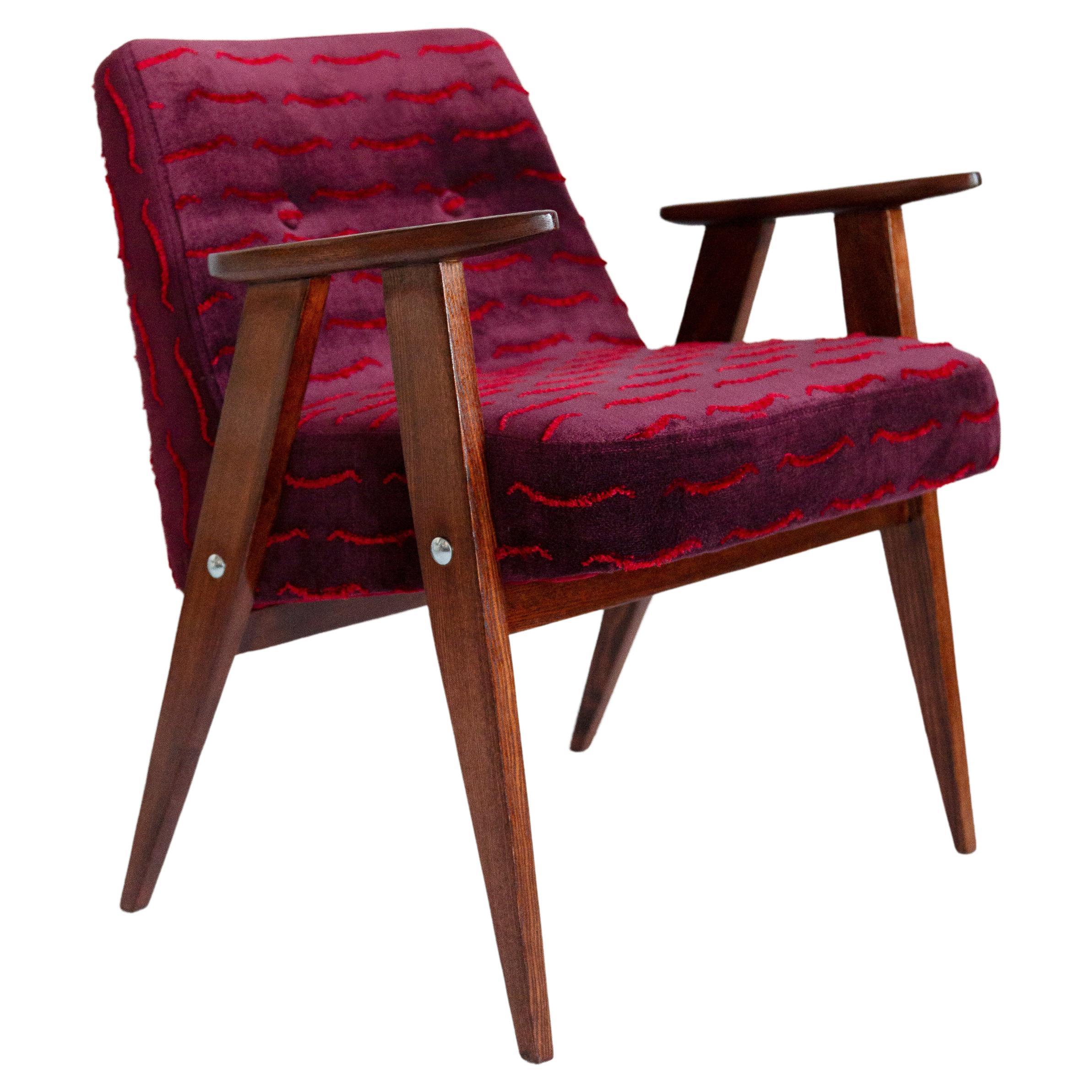 Mid-Century 366 Armchair, Dark Red Velvet, by Jozef Chierowski, Europe, 1960s For Sale