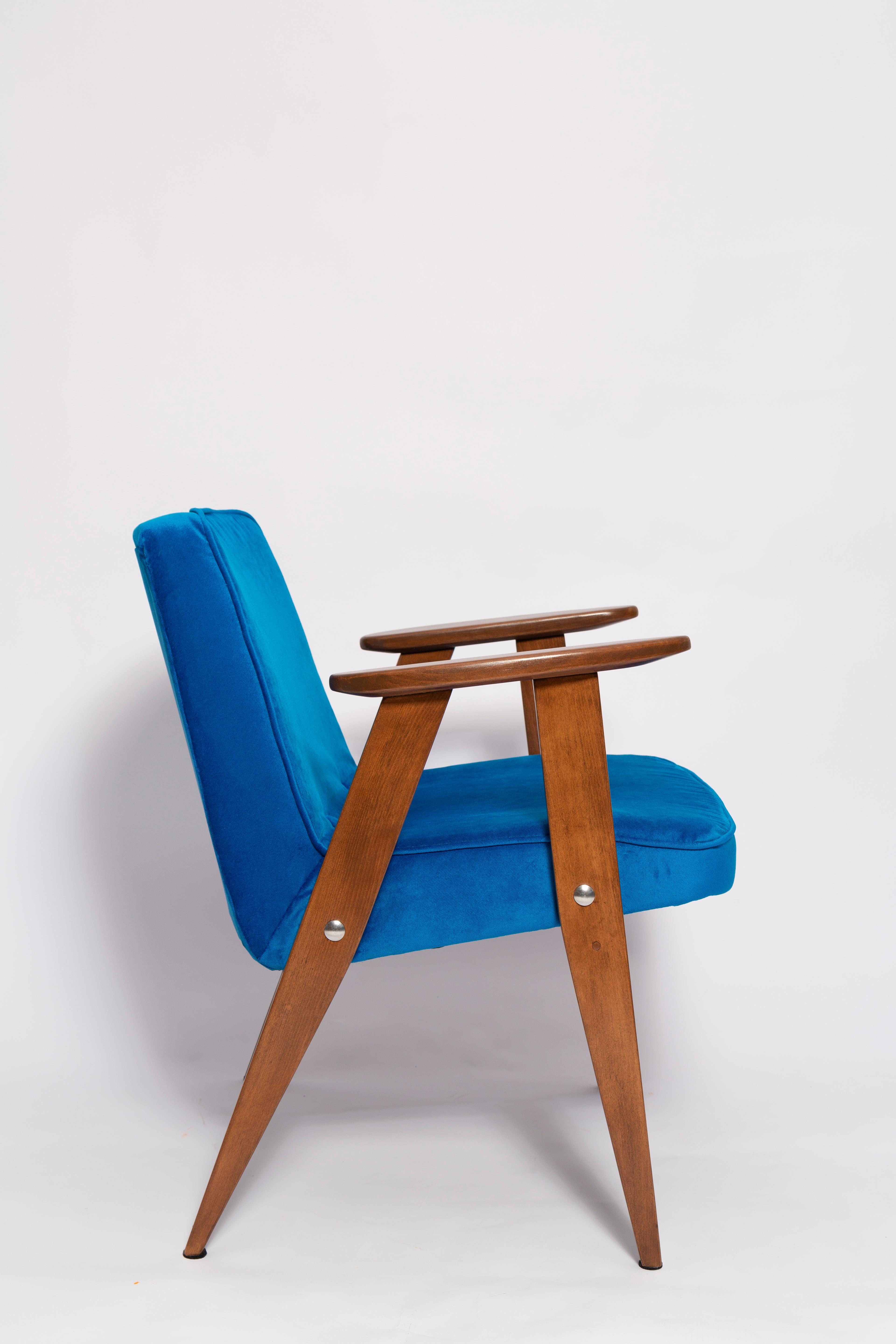 Hand-Crafted Mid-Century 366 Armchair in Blue Velvet, by Jozef Chierowski, Europe 1960s For Sale