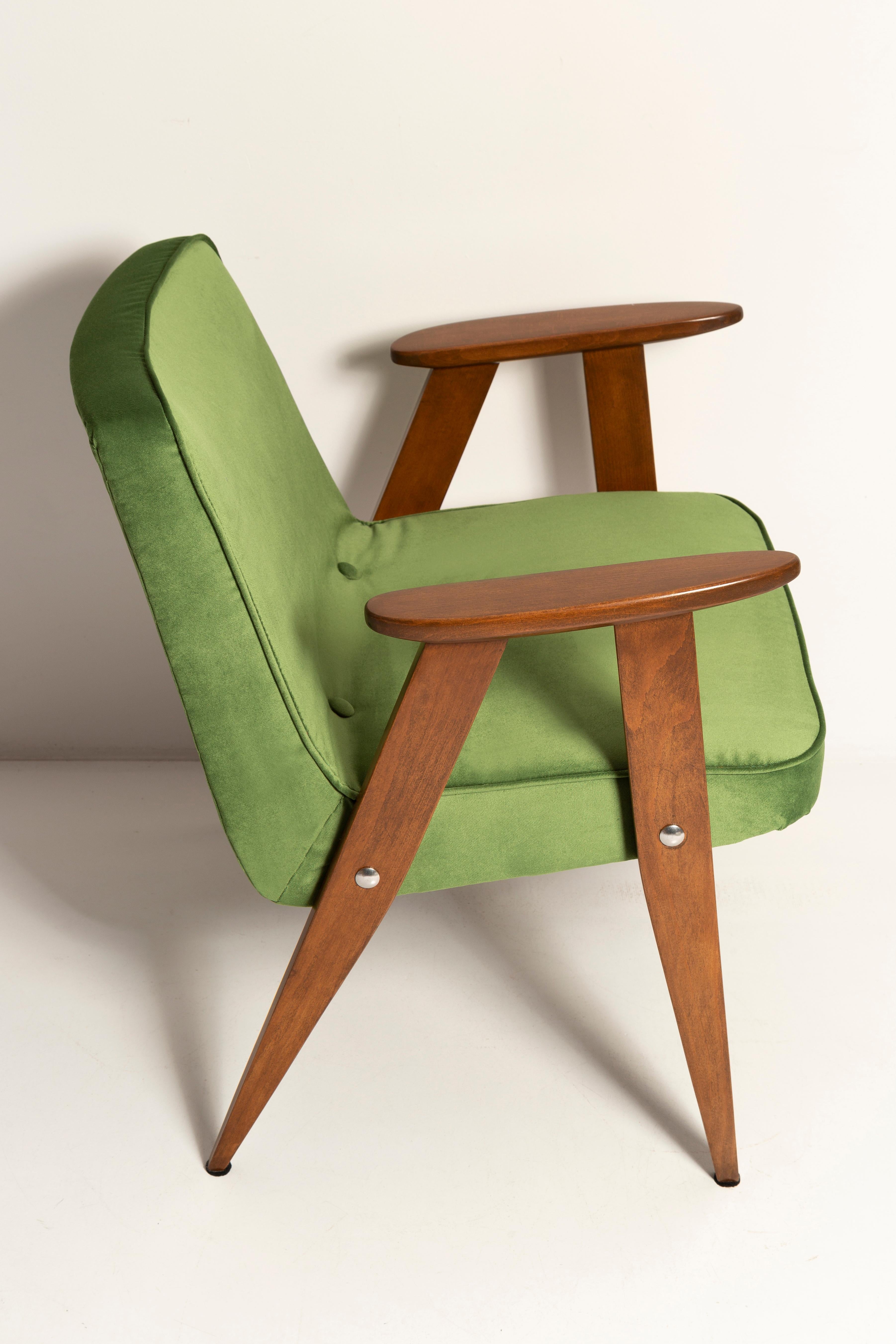 Hand-Crafted Mid Century 366 Armchair in Green Velvet, by Jozef Chierowski, Europe, 1960s For Sale
