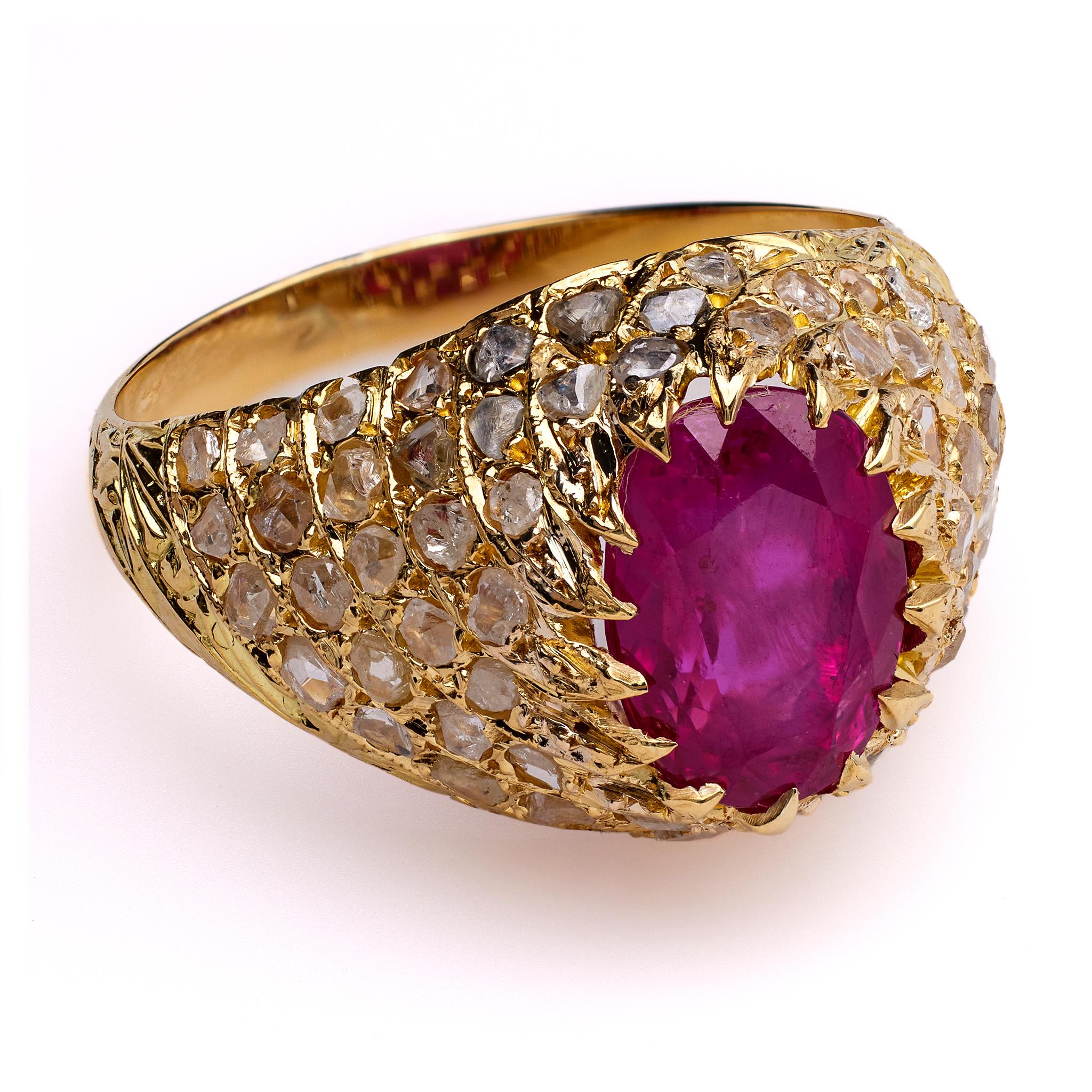 Women's or Men's Mid Century 3.68 Burma No Heat Ruby Diamond 18k Yellow Gold Dome Ring For Sale