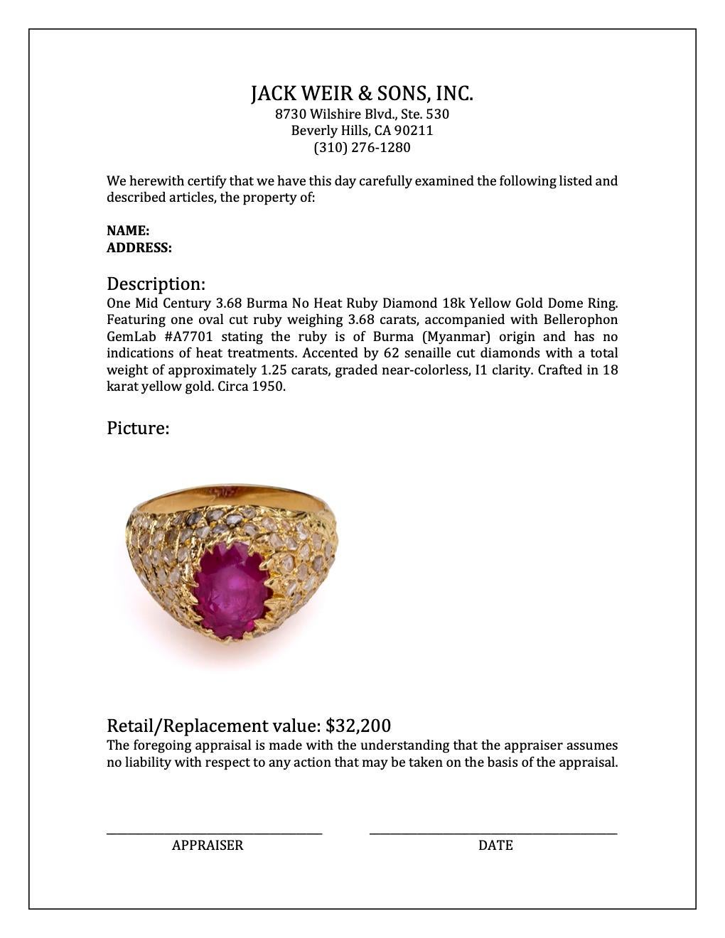 Mid Century 3.68 Burma No Heat Ruby Diamond 18k Yellow Gold Dome Ring For Sale 3