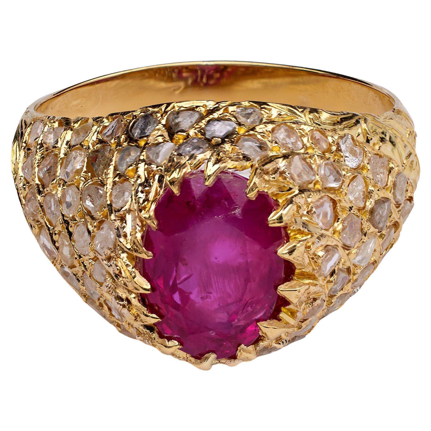 Mid Century 3.68 Burma No Heat Ruby Diamond 18k Yellow Gold Dome Ring For Sale