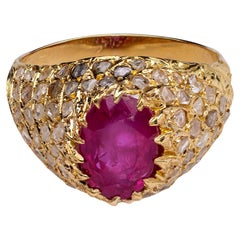 Vintage Mid Century 3.68 Burma No Heat Ruby Diamond 18k Yellow Gold Dome Ring