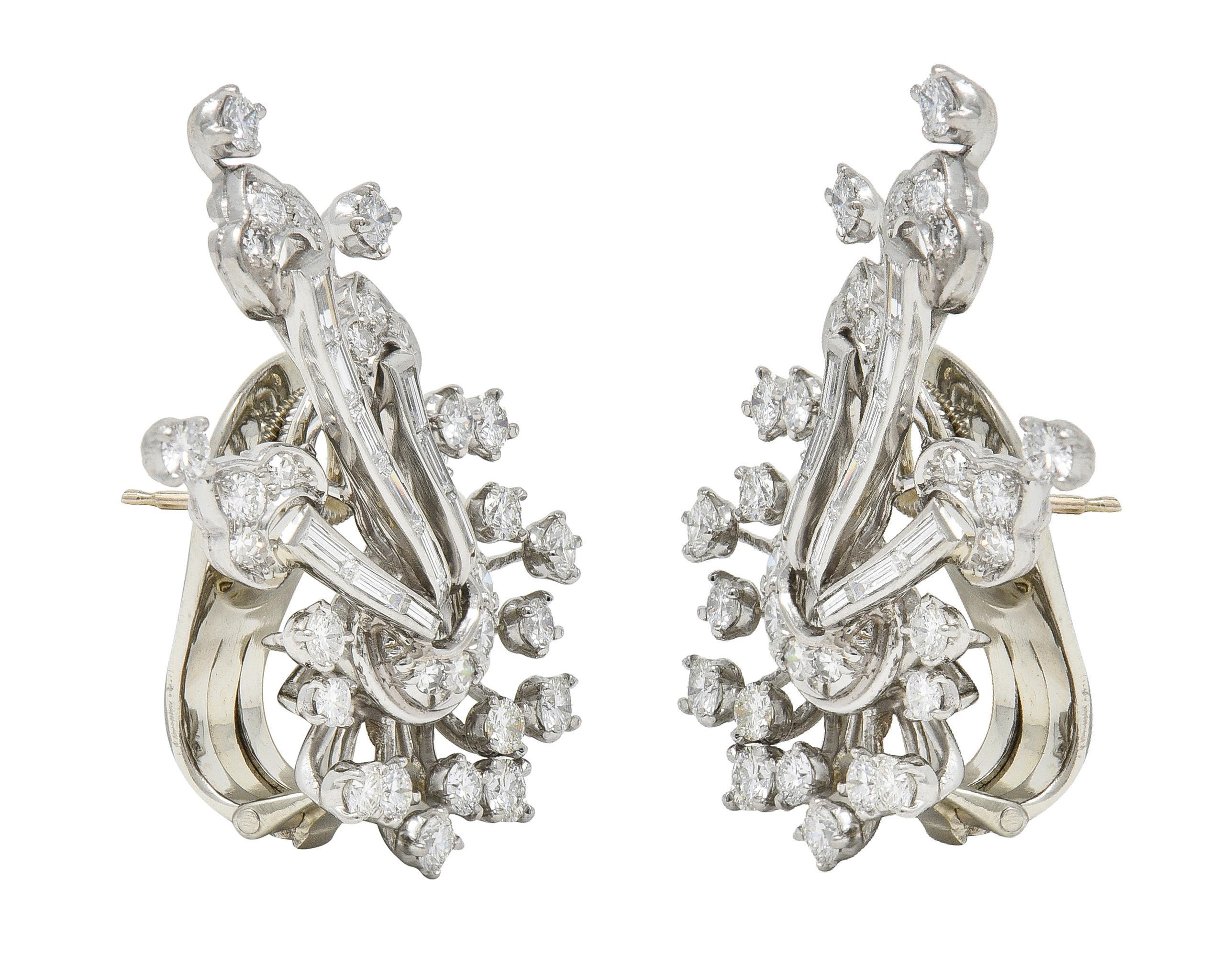 Mid-Century 3.68 CTW Diamond Platinum Vintage Floral Spray Earrings In Excellent Condition For Sale In Philadelphia, PA