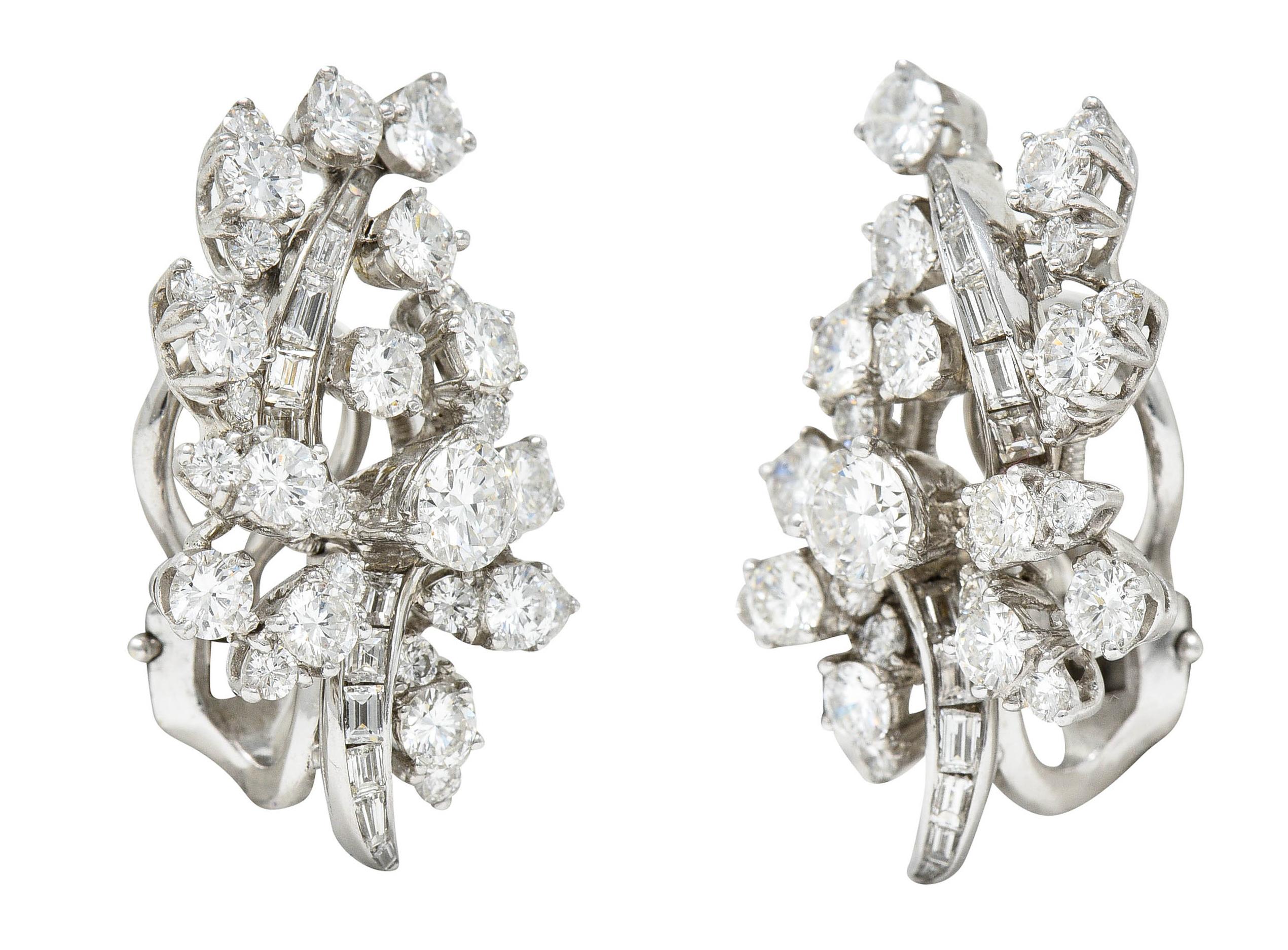 Women's or Men's Mid-Century 3.85 Carats Diamond Platinum Spray Ear-Clip Earrings