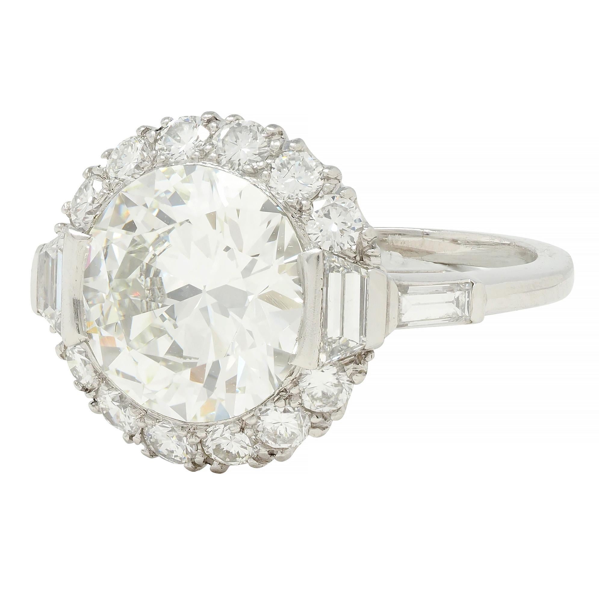 Mid-Century 3.85 CTW European Diamond Platinum Halo Vintage Engagement Ring GIA 2