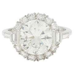 Mid-Century 3.85 CTW European Diamond Platinum Halo Vintage Engagement Ring GIA