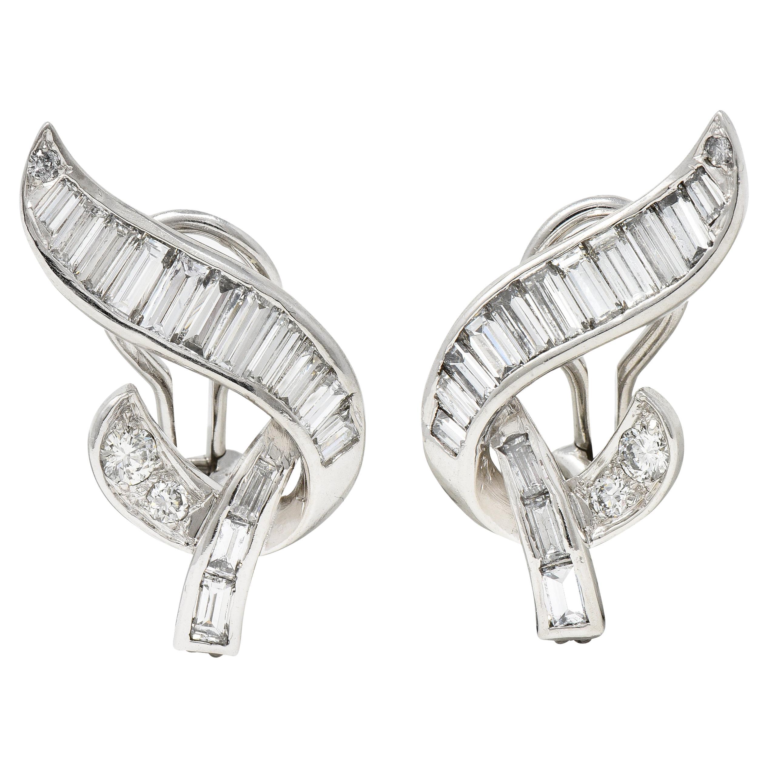 Diamond Ribbon Style Platinum Swirl Earrings at 1stDibs