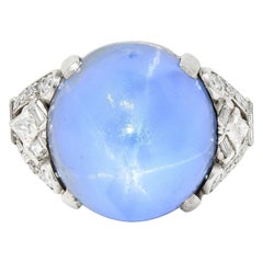 Mid-Century 39.00 Carats Star Sapphire Diamond Platinum Cabochon Ring Circa 1950