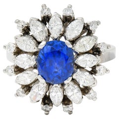 Mid-Century 3.91 Carats No Heat Ceylon Sapphire Diamond Platinum Cluster Ring