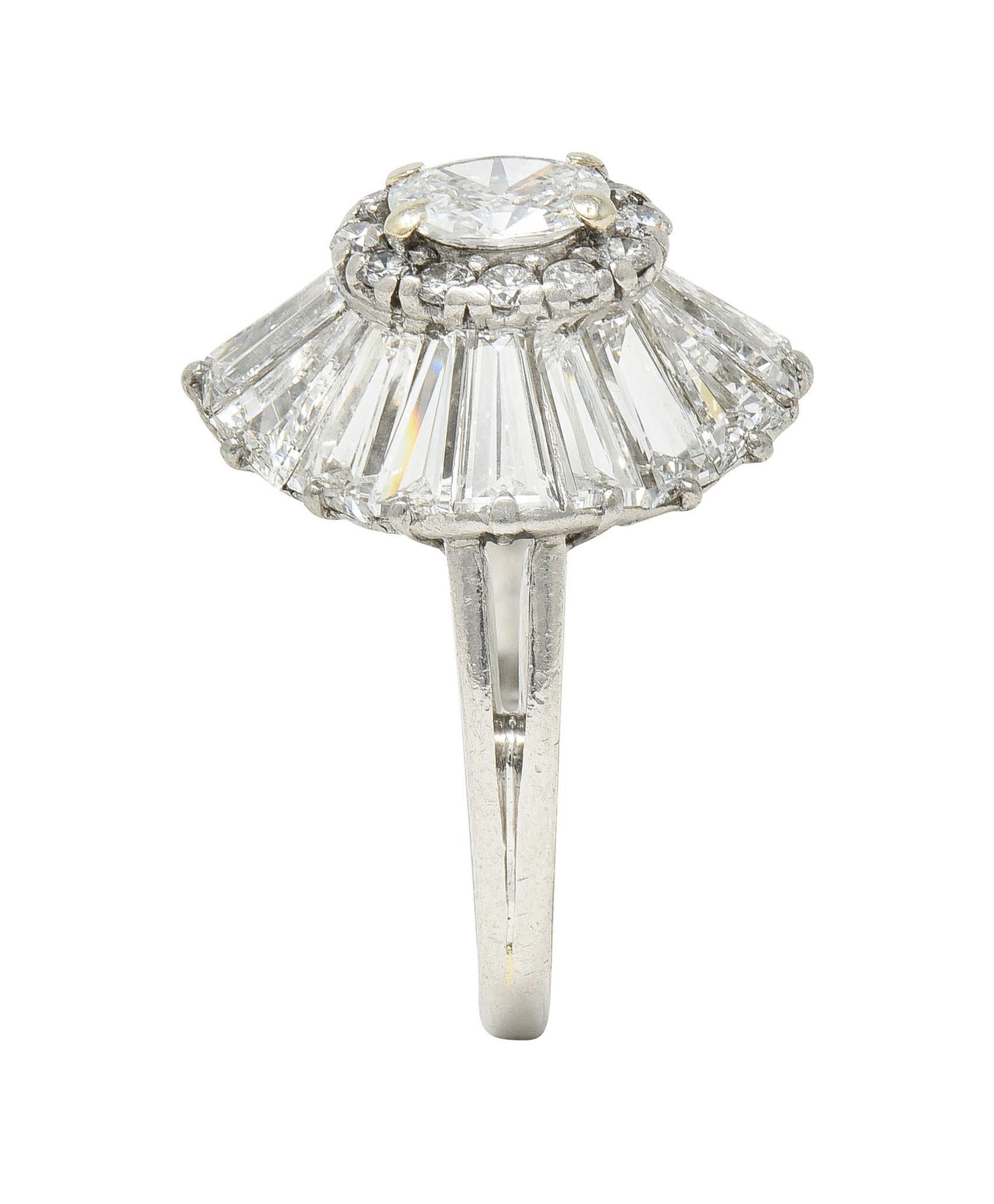 Mid-Century 3.95 CTW Diamond Platinum Vintage Ballerina Halo Cocktail Ring For Sale 8