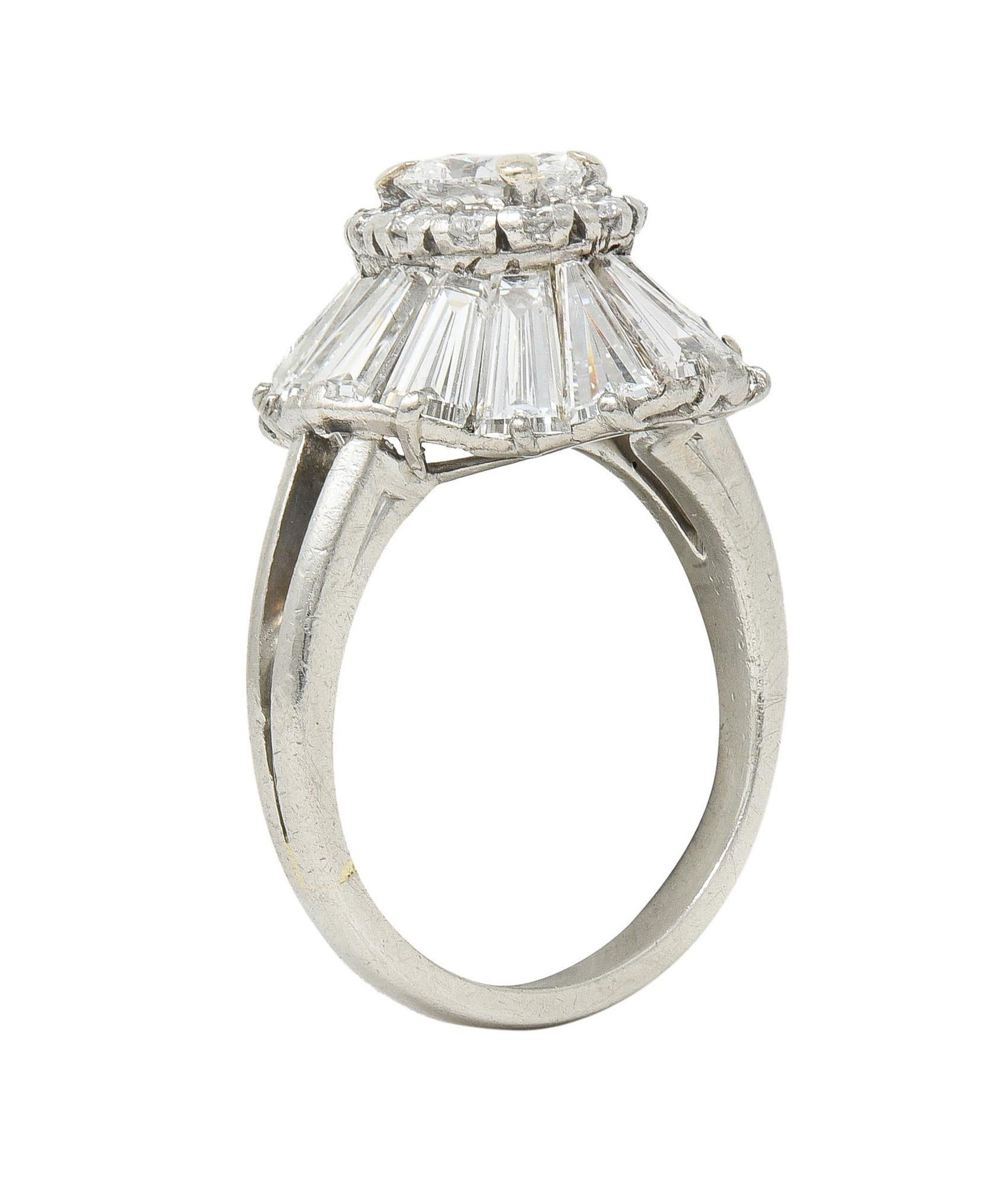 Mid-Century 3.95 CTW Diamond Platinum Vintage Ballerina Halo Cocktail Ring In Excellent Condition For Sale In Philadelphia, PA