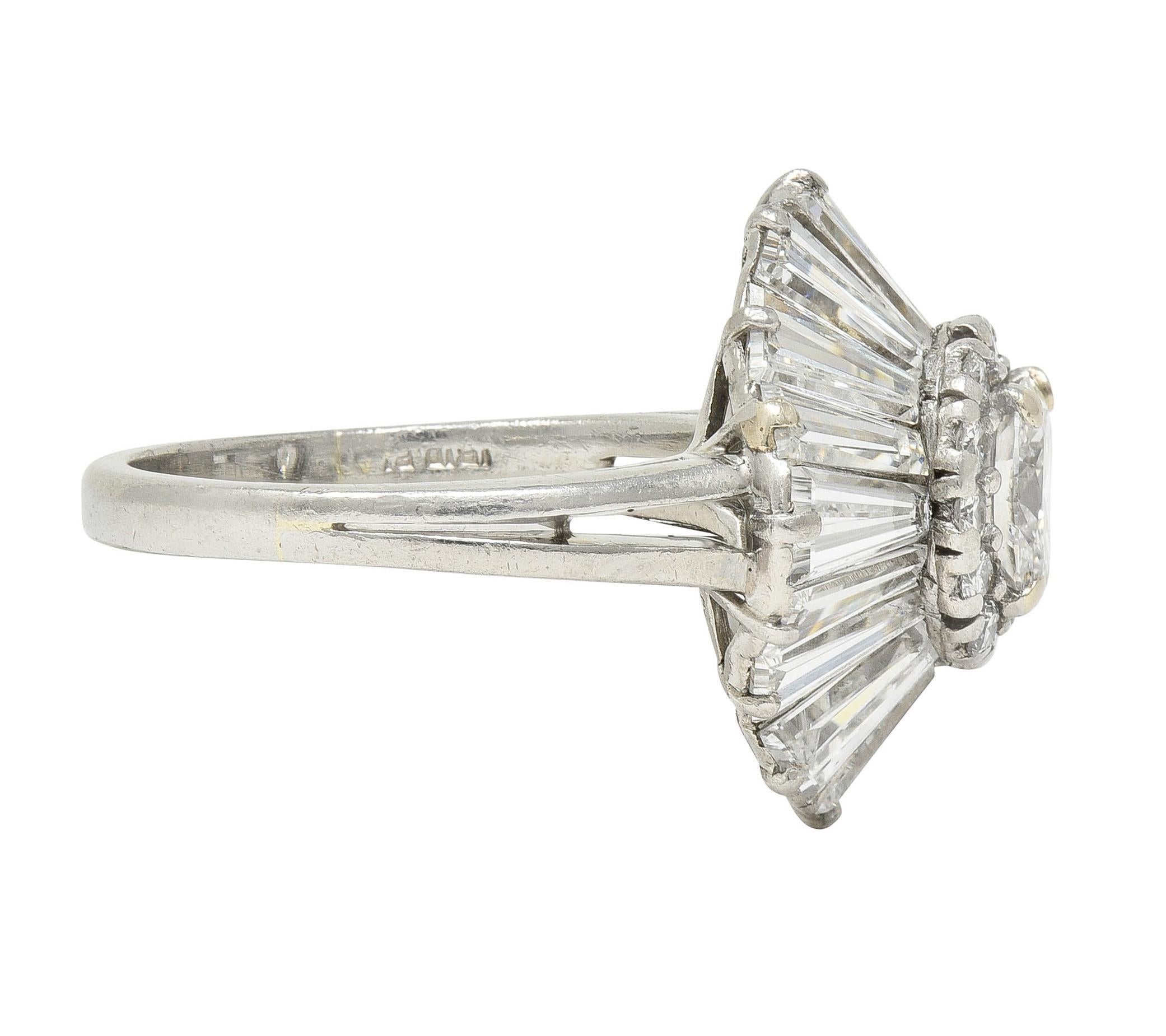 Women's or Men's Mid-Century 3.95 CTW Diamond Platinum Vintage Ballerina Halo Cocktail Ring For Sale