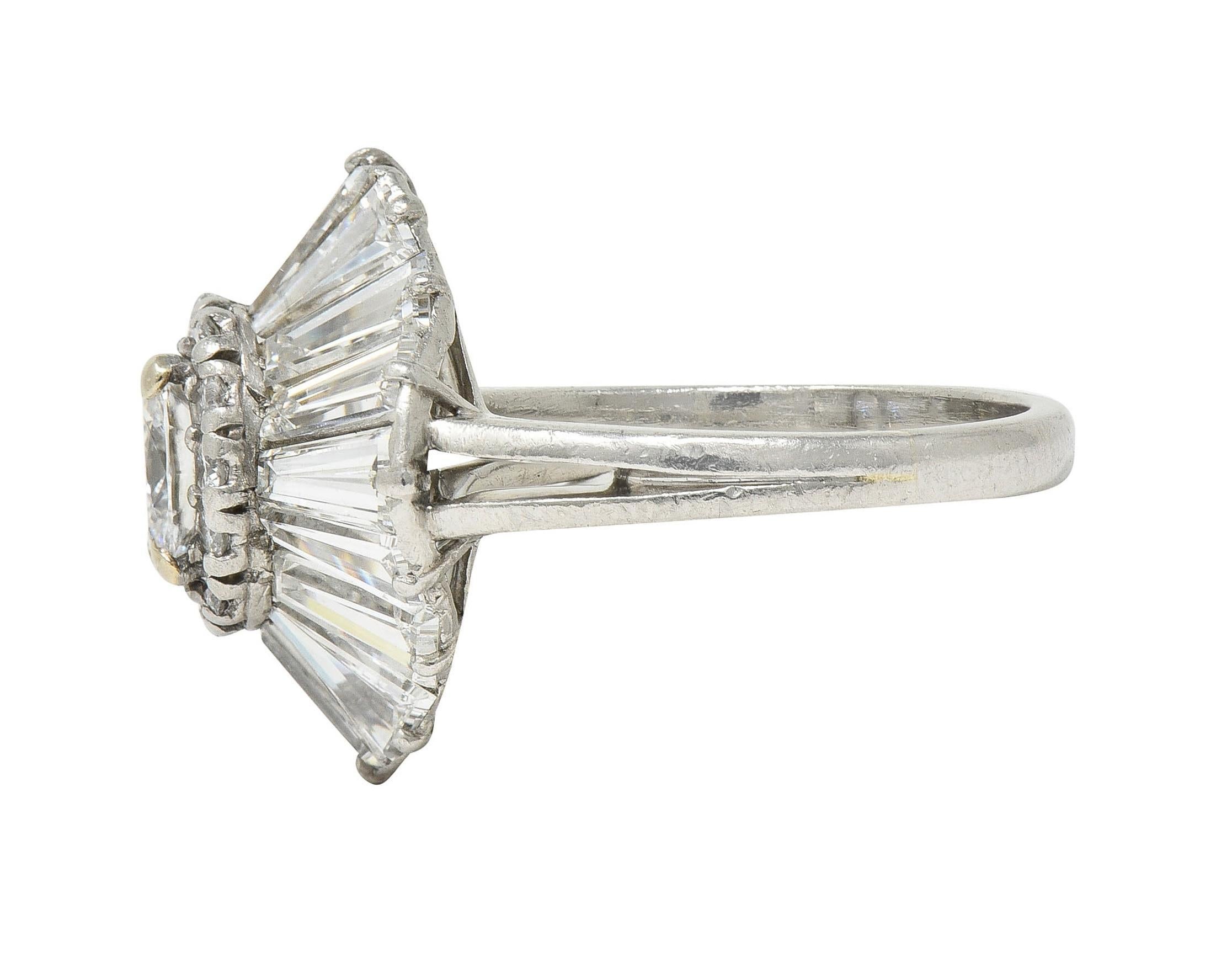 Mid-Century 3.95 CTW Diamond Platinum Vintage Ballerina Halo Cocktail Ring For Sale 2