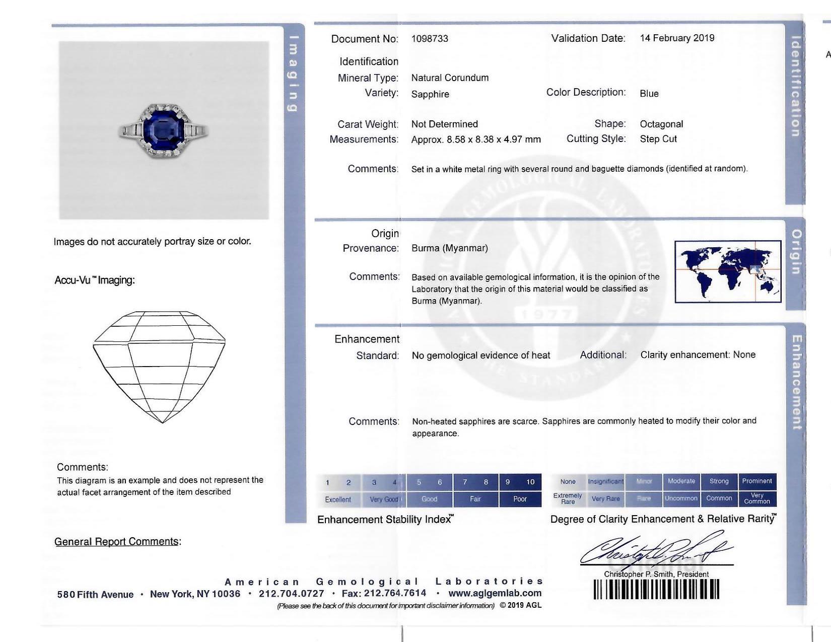 Mid-Century 3.97 CTW No Heat Burma Sapphire Diamond Platinum Cluster Ring AGL en vente 6