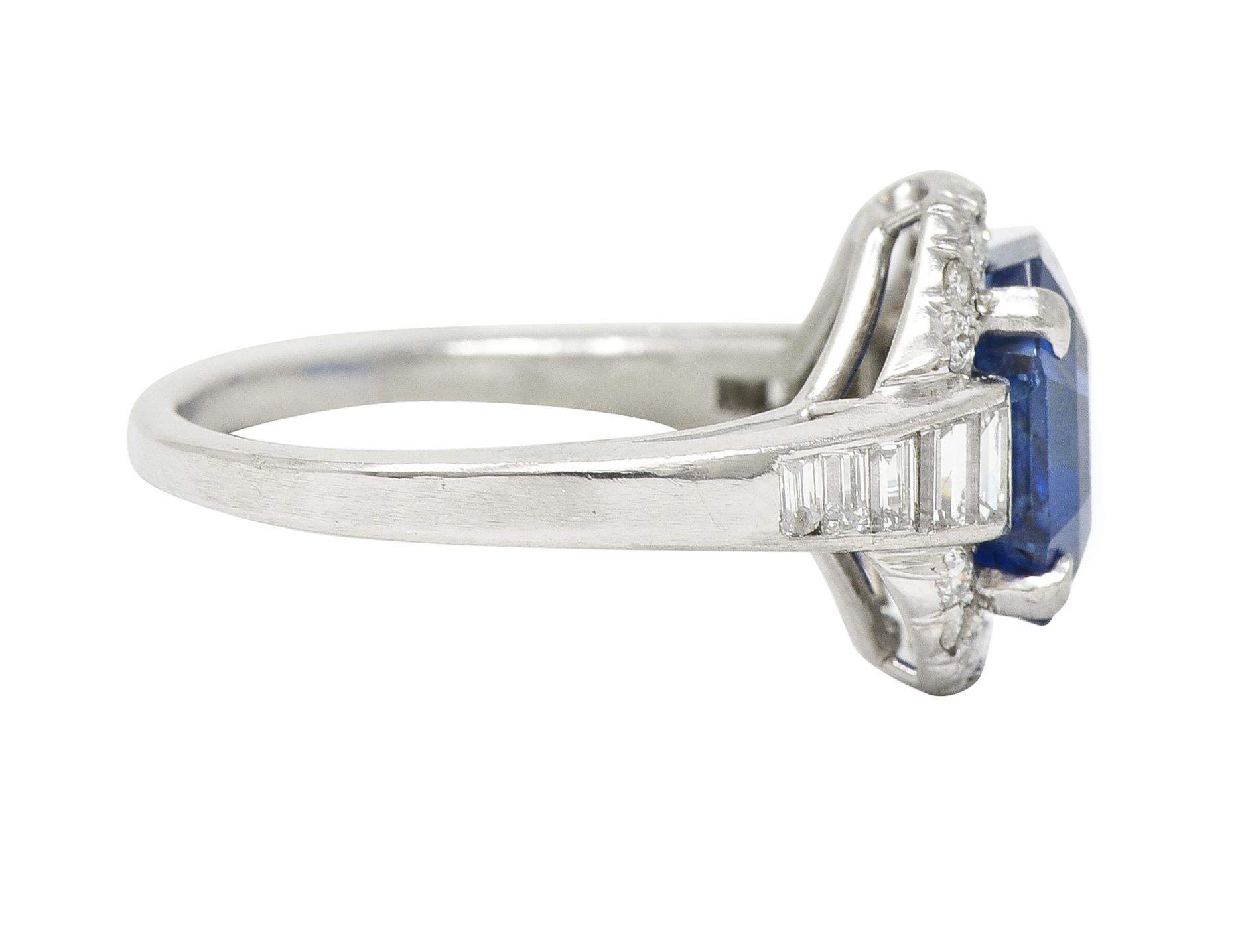 Octagon Cut Mid-Century 3.97 CTW No Heat Burma Sapphire Diamond Platinum Cluster Ring AGL For Sale