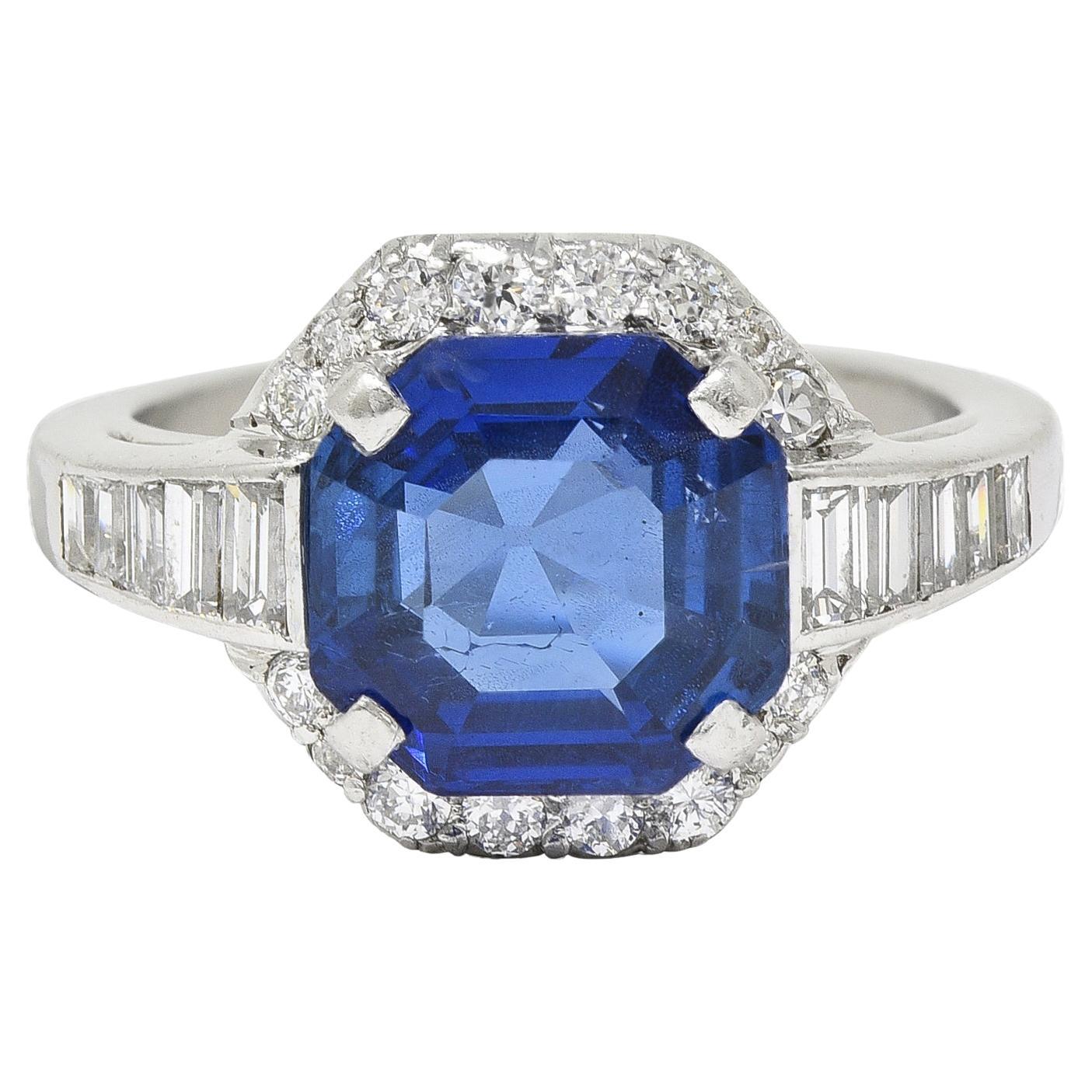 Mid-Century 3.97 CTW No Heat Burma Sapphire Diamond Platinum Cluster Ring AGL