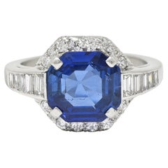 Vintage Mid-Century 3.97 CTW No Heat Burma Sapphire Diamond Platinum Cluster Ring AGL