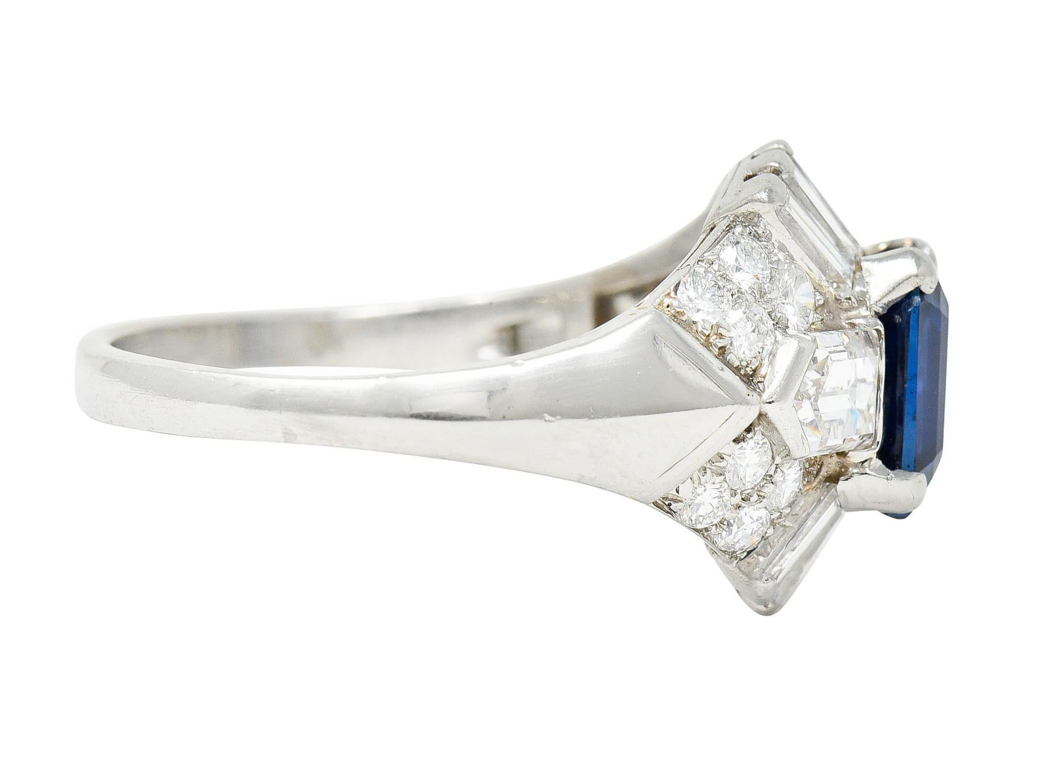 Retro Mid-Century 3.99 Carats No Heat Royal Blue Sapphire Diamond Platinum Ring