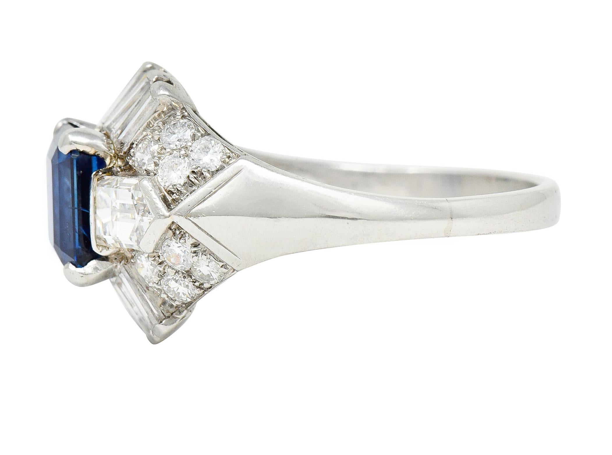 Mid-Century 3.99 Carats No Heat Royal Blue Sapphire Diamond Platinum Ring In Excellent Condition In Philadelphia, PA