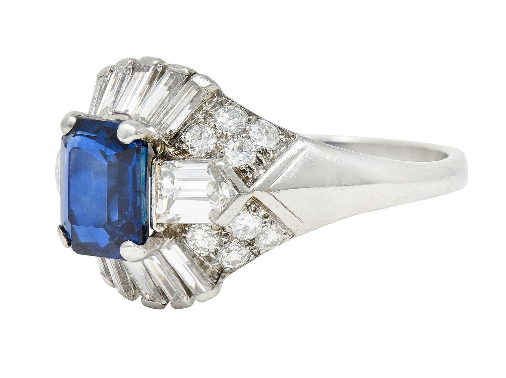 Women's or Men's Mid-Century 3.99 Carats No Heat Royal Blue Sapphire Diamond Platinum Ring