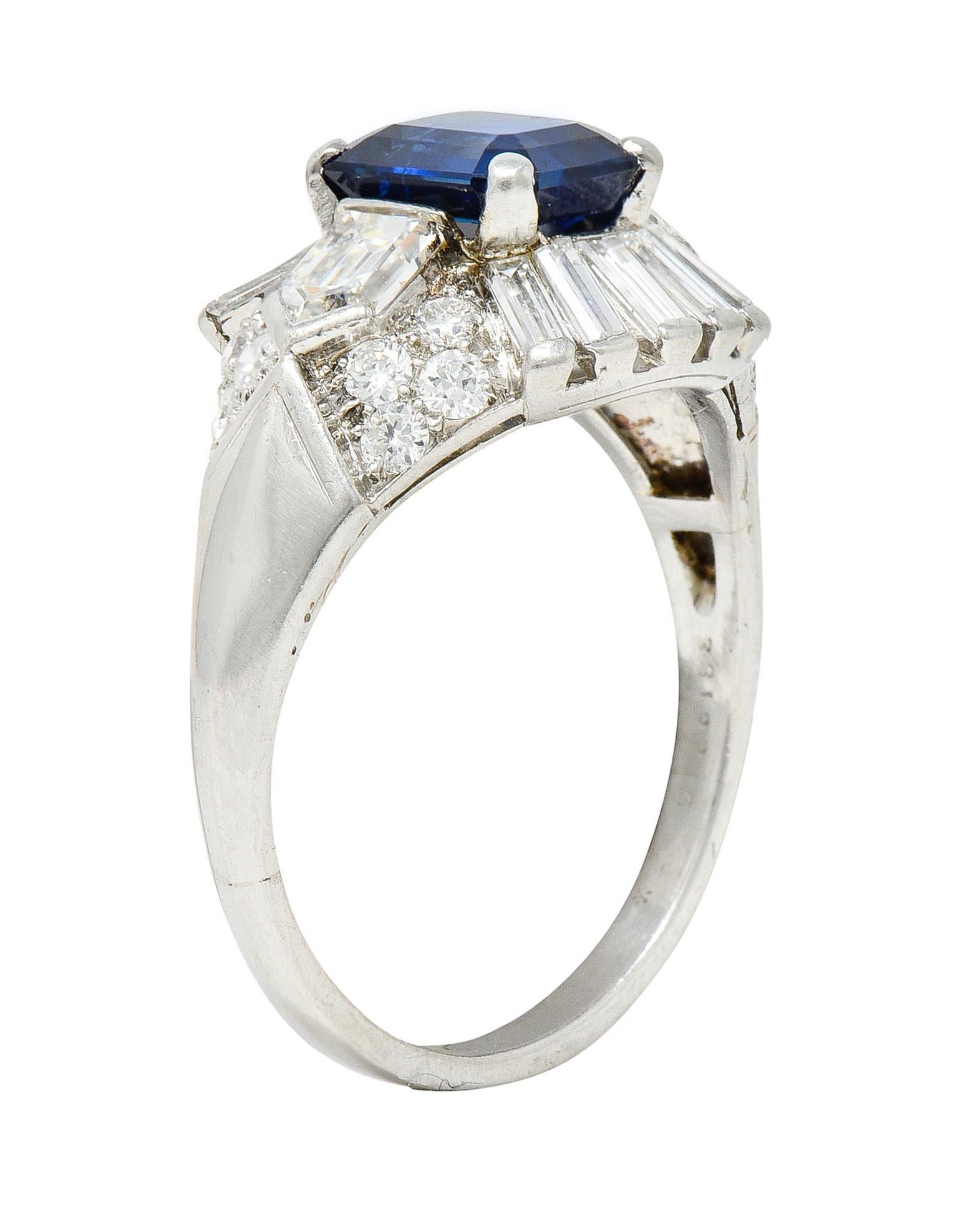 Mid-Century 3.99 Carats No Heat Royal Blue Sapphire Diamond Platinum Ring 3