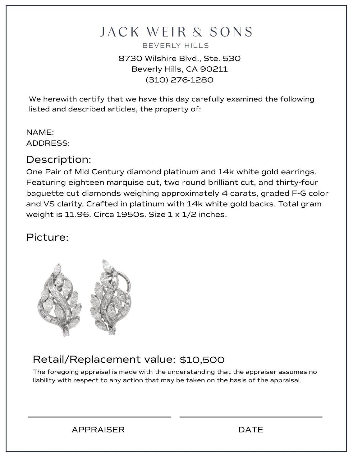 Donna Mid Century 4 carat diamond platinum cluster earrings in vendita