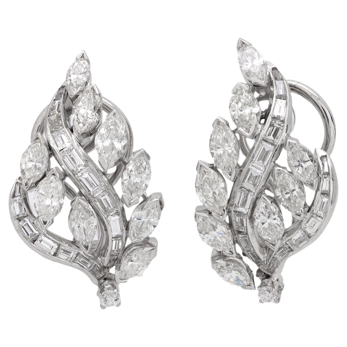 Mid Century 4 carat diamond platinum cluster earrings