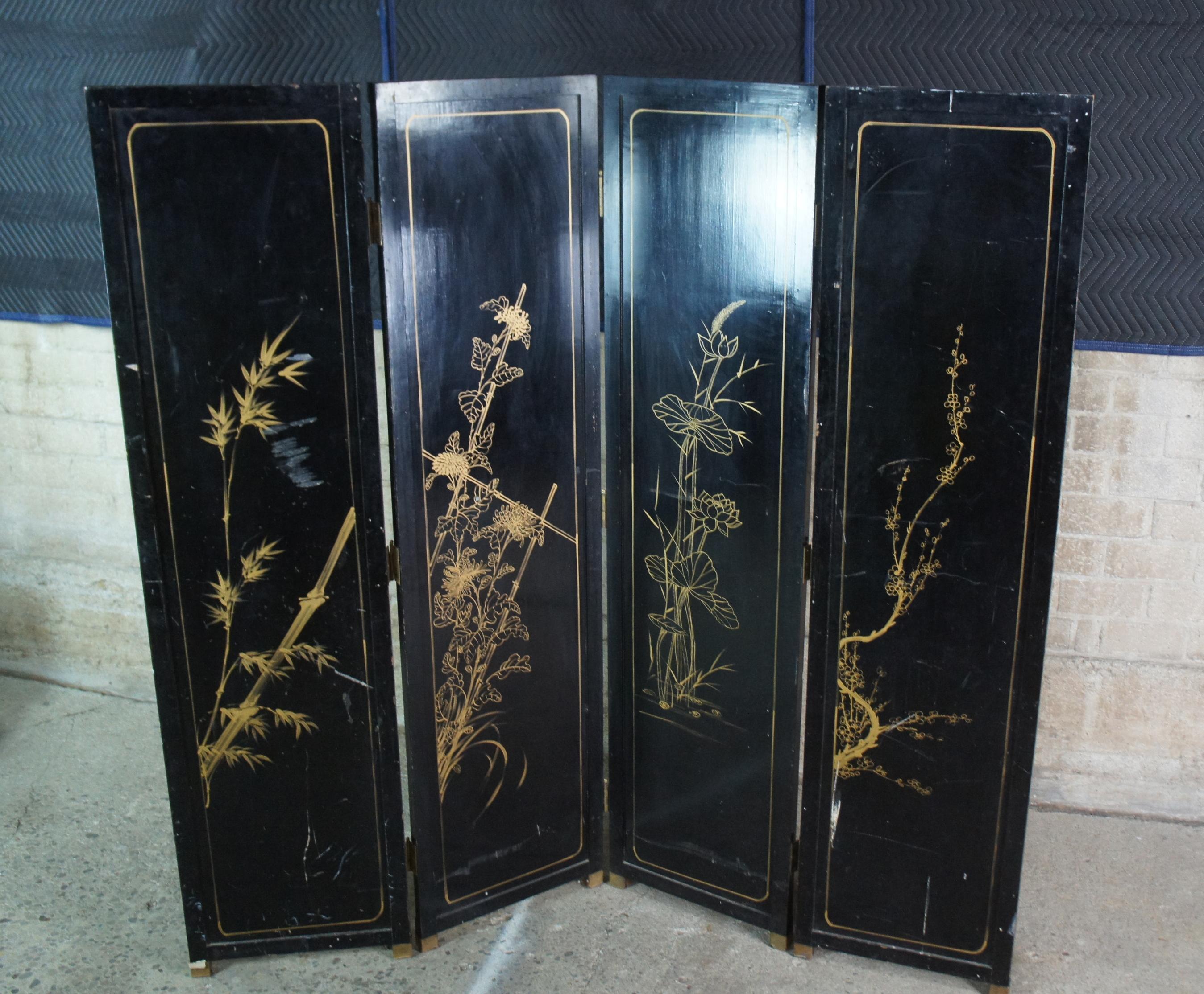 Mid Century 4 Panel Chinese Black Lacquer MOP Divider Screen Chinoiserie Pagoda 4