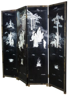 Mid Century 4 Panel Chinese Black Lacquer MOP Divider Screen Chinoiserie Pagoda