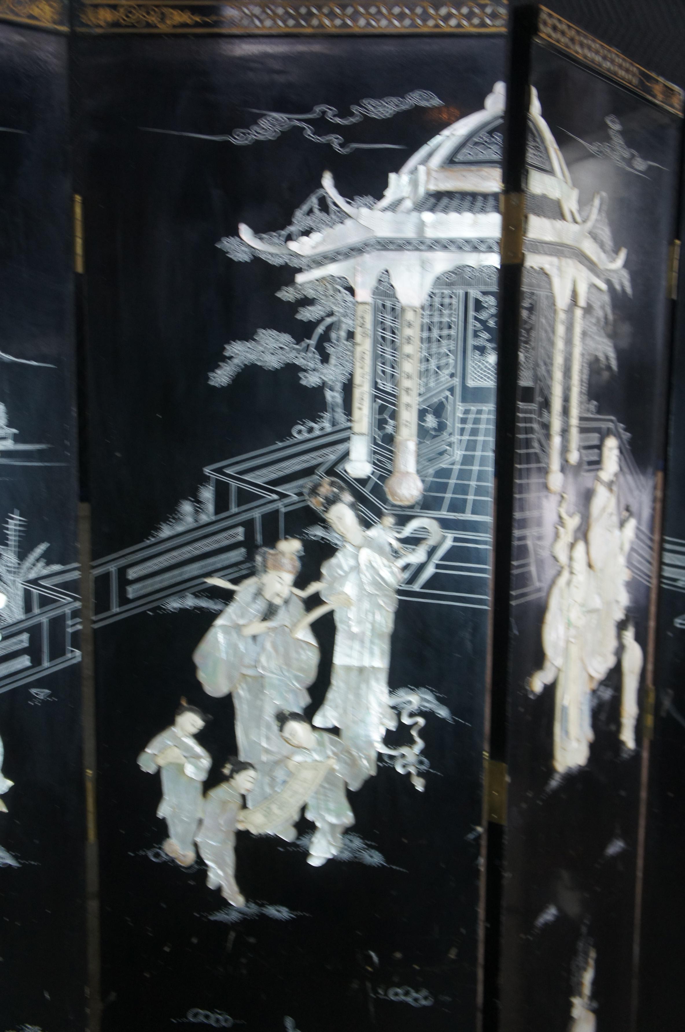 20th Century Mid Century 4 Panel Chinese Black Lacquer MOP Divider Screen Chinoiserie Pagoda