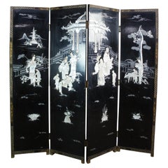 Vintage Mid Century 4 Panel Chinese Black Lacquer MOP Divider Screen Chinoiserie Pagoda
