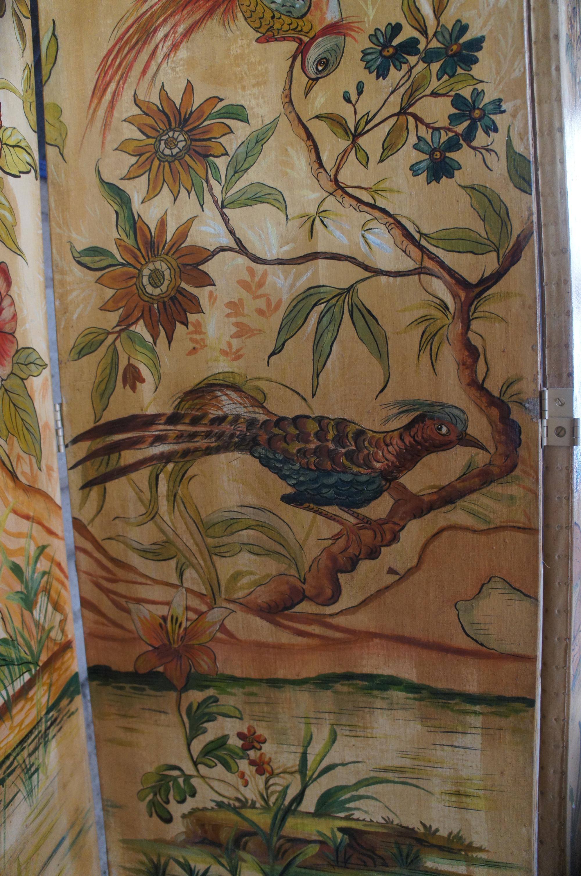Mid Century 4 Panel Chinoiserie Folding Screen Room Divider Bird Pond Landscape 5