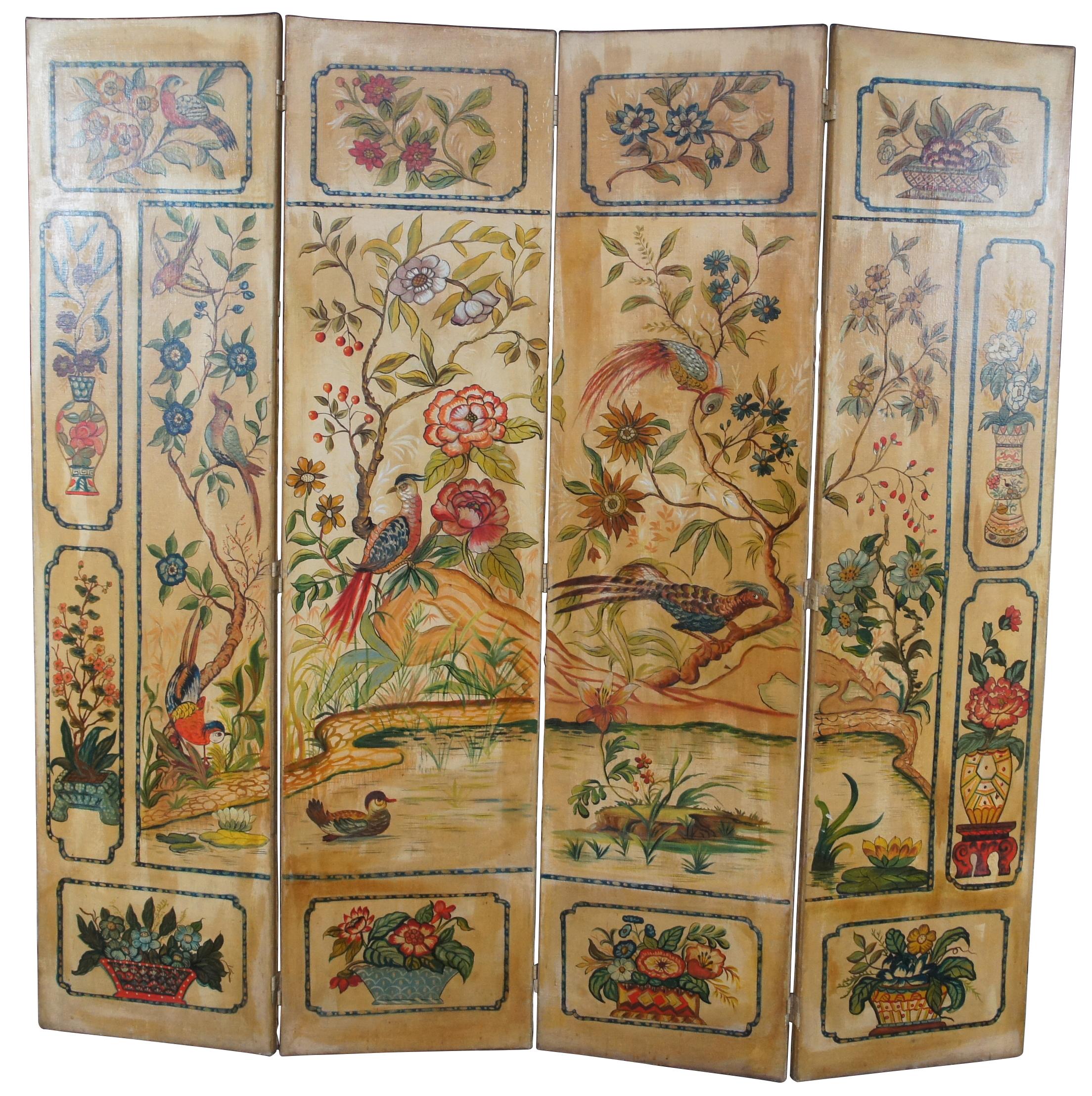 Mid 20th century chinoiserie room divider or dressing screen. Features an intricately detailed ladscape with tropical animals and flowers around a pond. Includes a duck and a variety of birds. The landscape is neatly framed by a boarder of porcelain