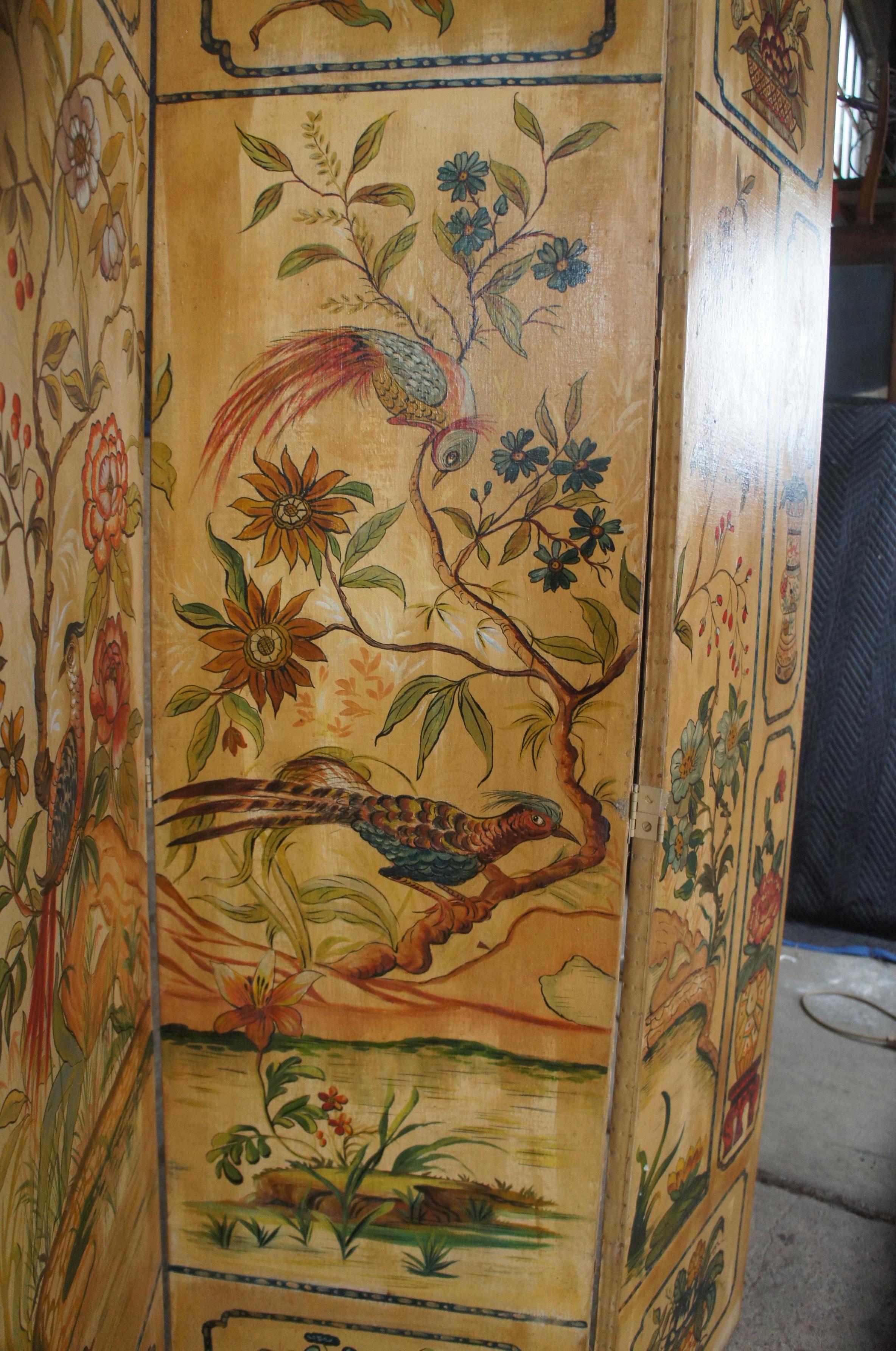 20th Century Mid Century 4 Panel Chinoiserie Folding Screen Room Divider Bird Pond Landscape