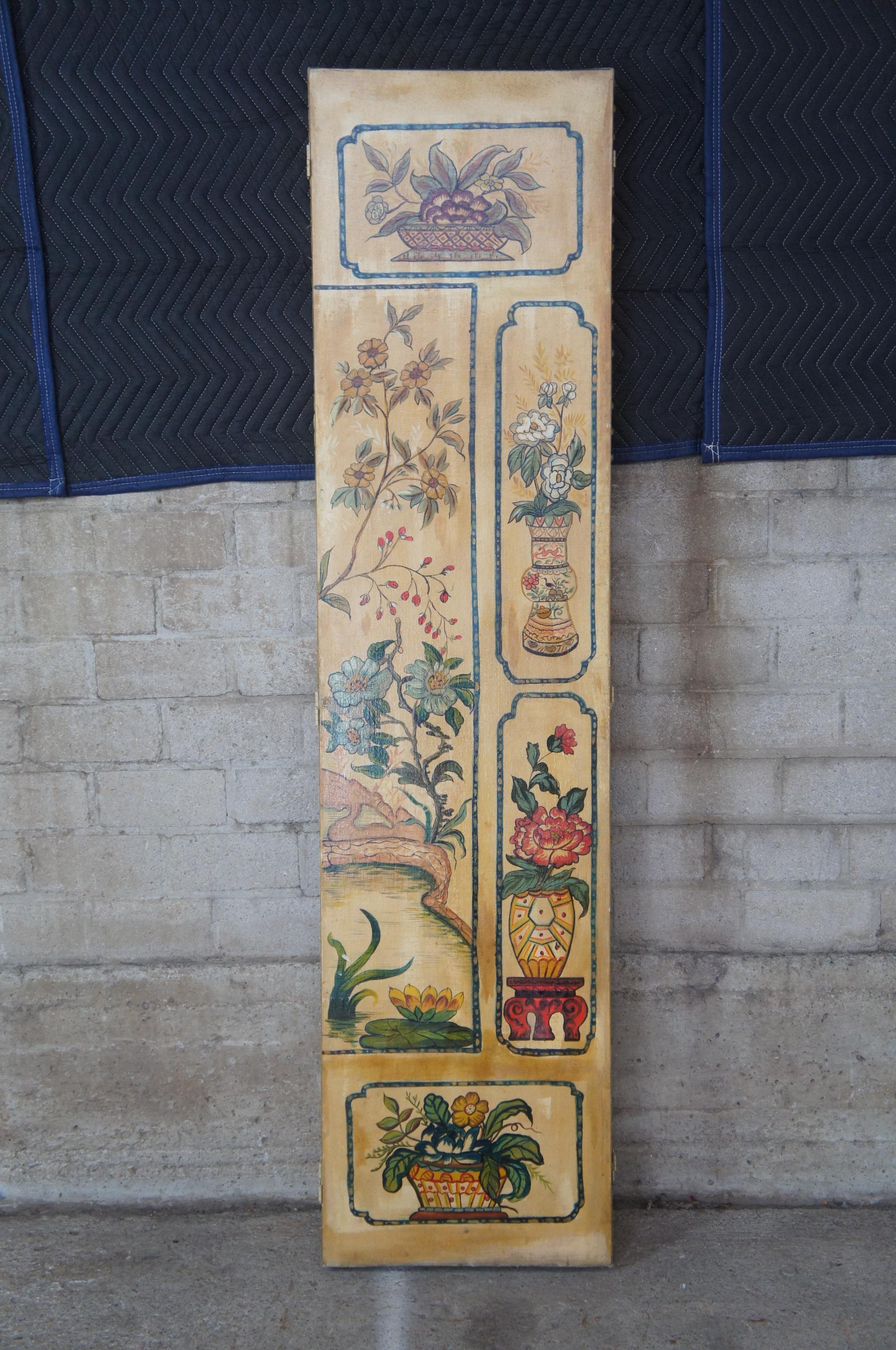 Mid Century 4 Panel Chinoiserie Folding Screen Room Divider Bird Pond Landscape 1