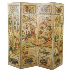 Mid Century 4 Panel Chinoiserie Folding Screen Room Divider Bird Pond Landscape