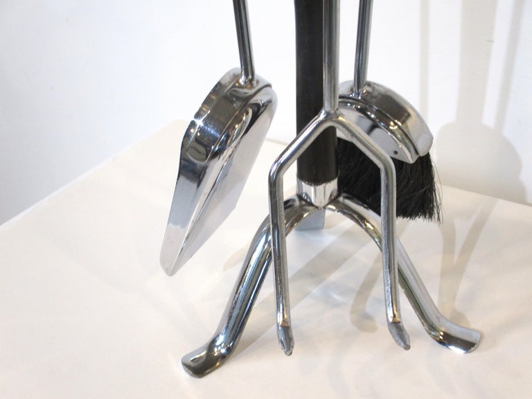 Mid Century 4 Piece Chrome / Wood Fireplace Tool Set For Sale at 1stDibs