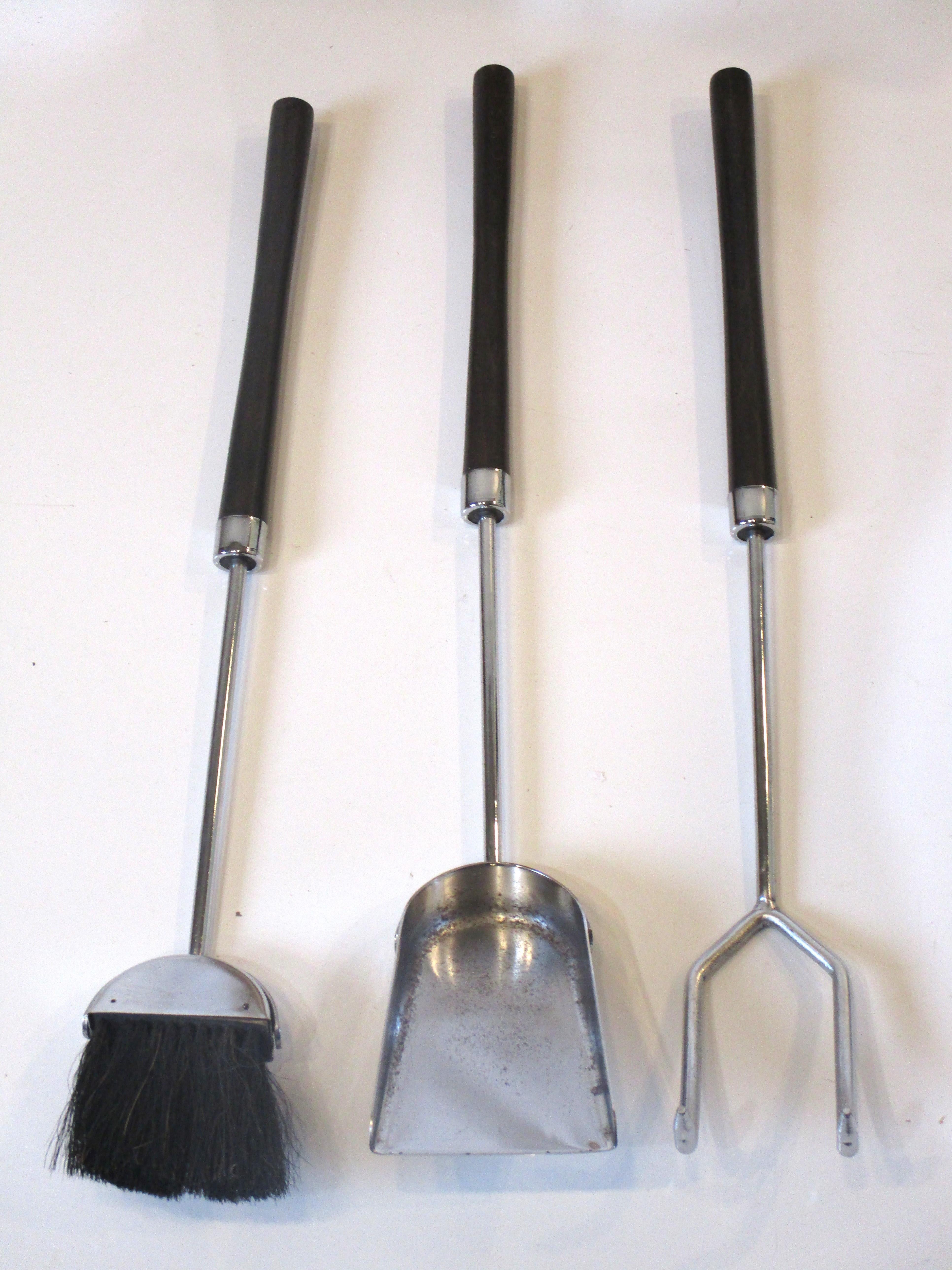 Mid Century 4 Piece Chrome / Wood Fireplace Tool Set For Sale 2
