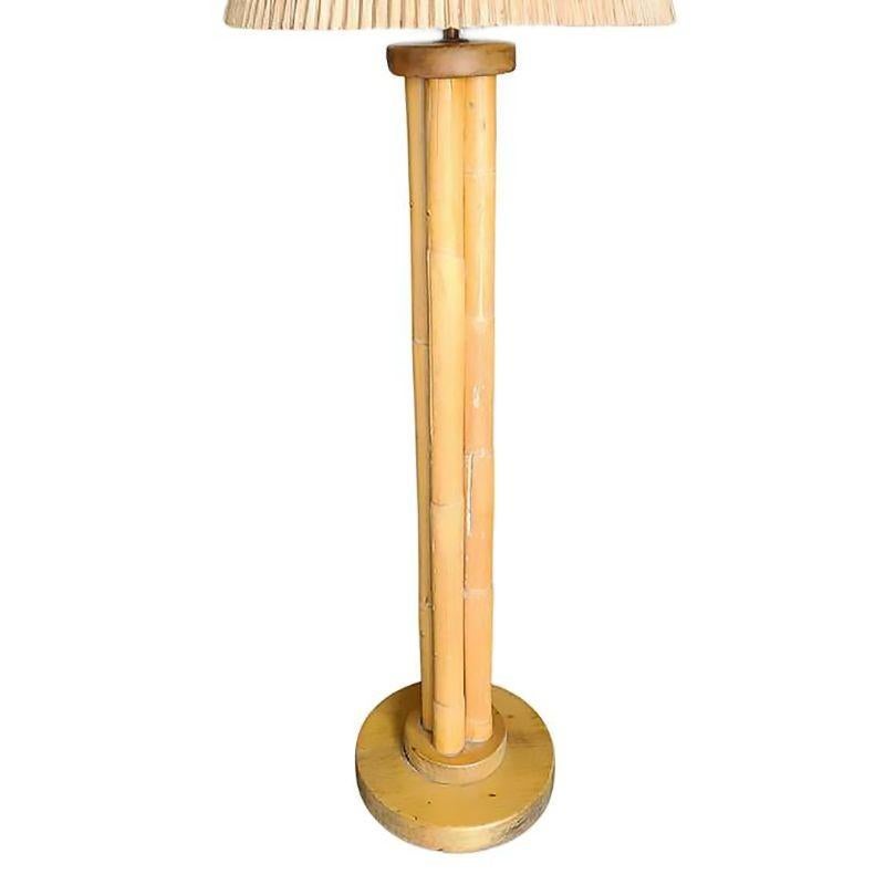 American Restored Mid Century 4 Pole Rattan Floor Lamp w/ Double Teak Caps and Shade For Sale