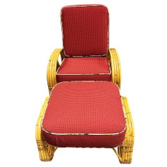 Mid-Century 4-Strand 3/4 Reverse Pretzel Rattan Lounge Chair w/ Matching Ottoman