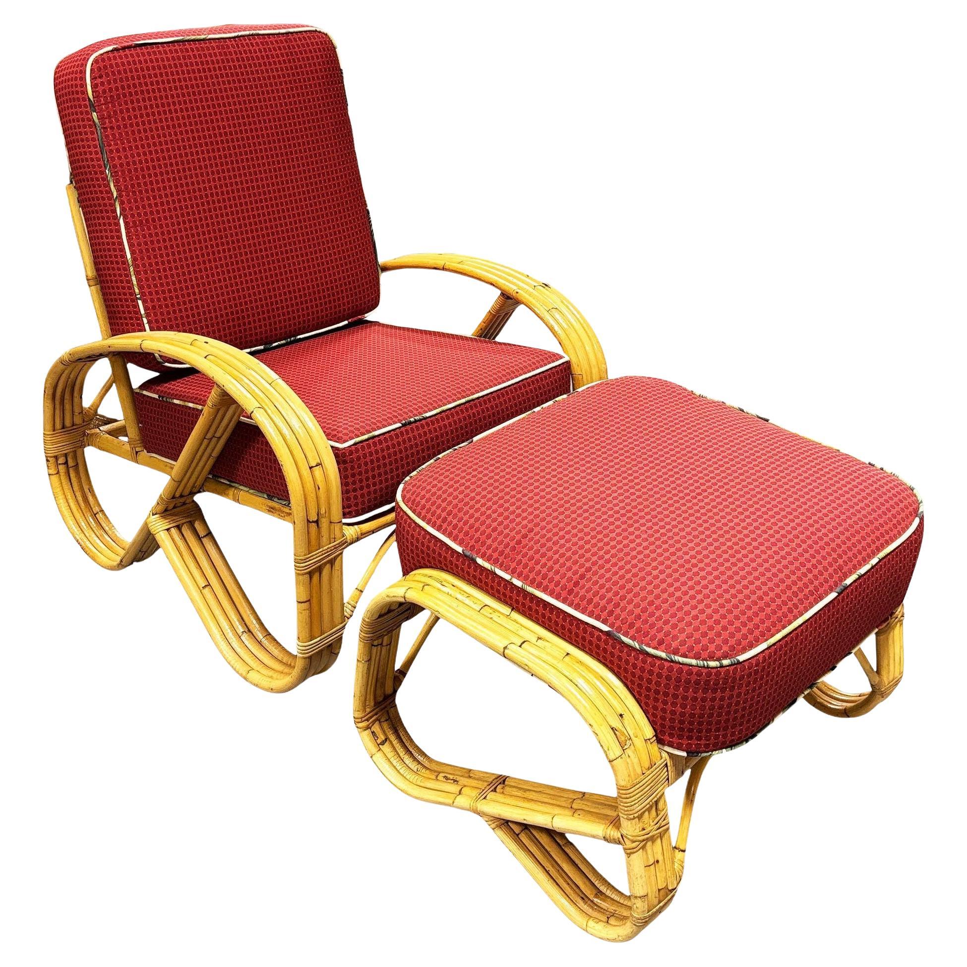 Mid-Century 4-Strand 3/4 Reverse Pretzel Rattan Lounge Chair w/ Matching Ottoman For Sale