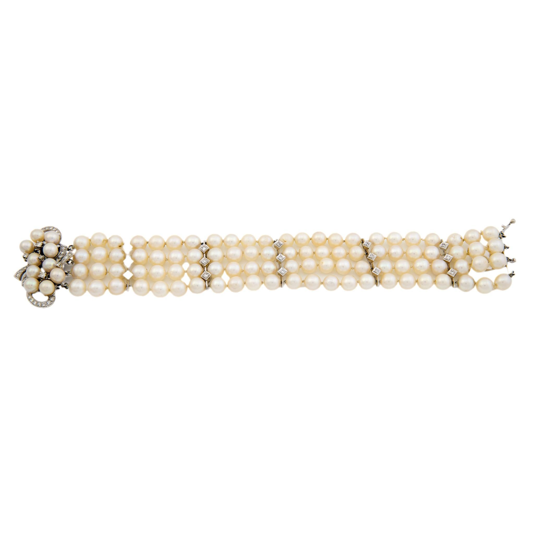 Modern Mid Century 4 strand pearl diamond 14k white gold bracelet For Sale
