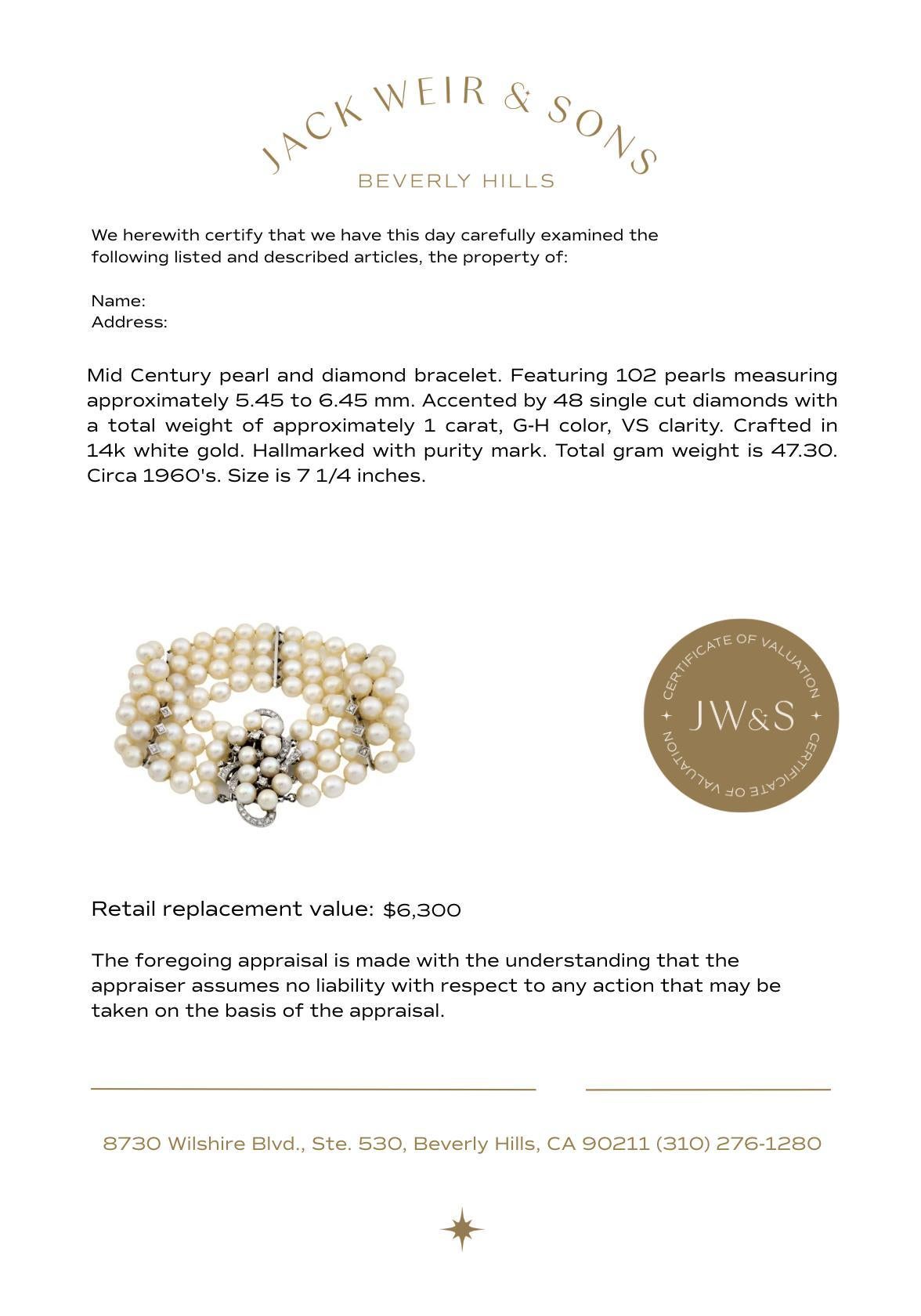Round Cut Mid Century 4 strand pearl diamond 14k white gold bracelet For Sale