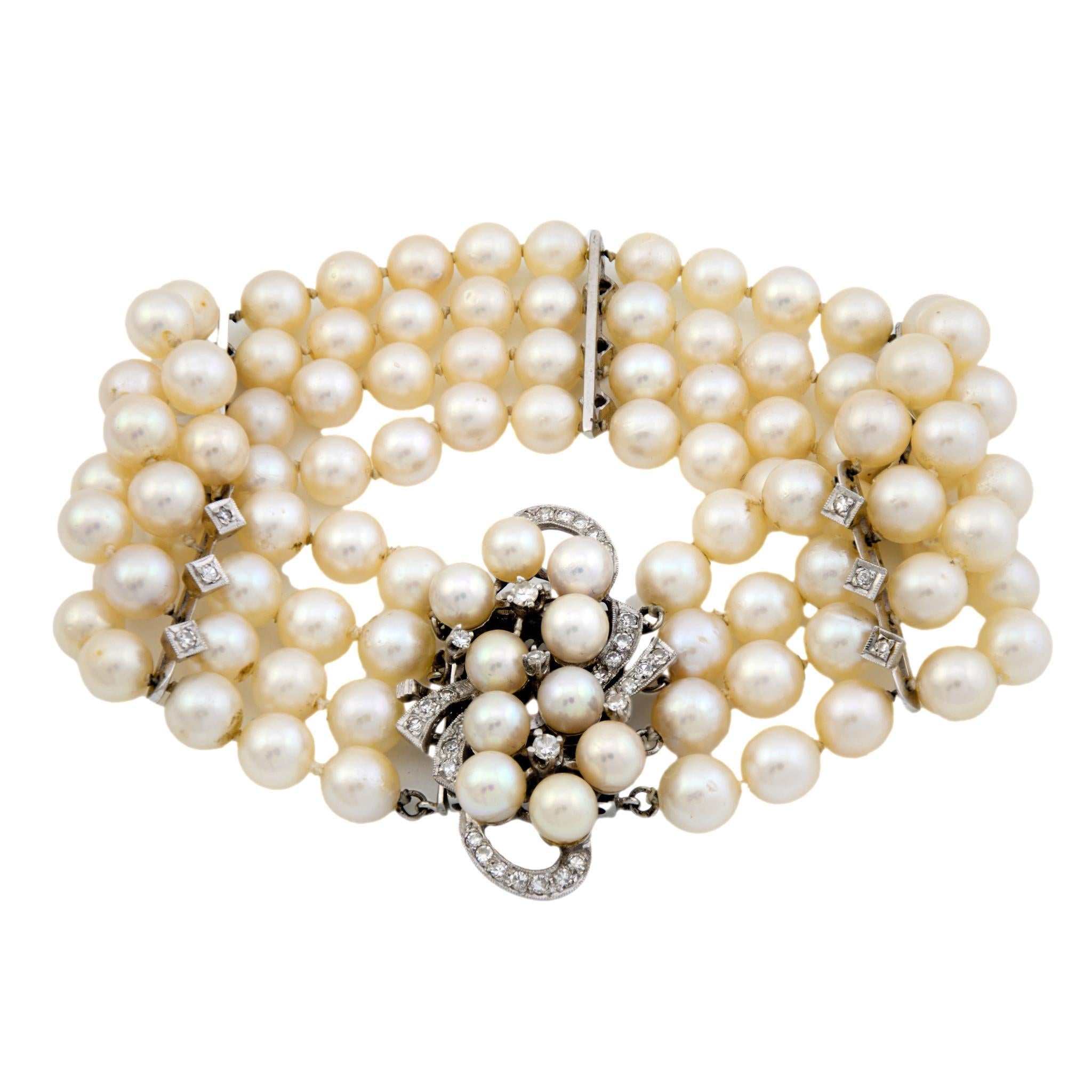 Mid Century 4 strand pearl diamond 14k white gold bracelet For Sale